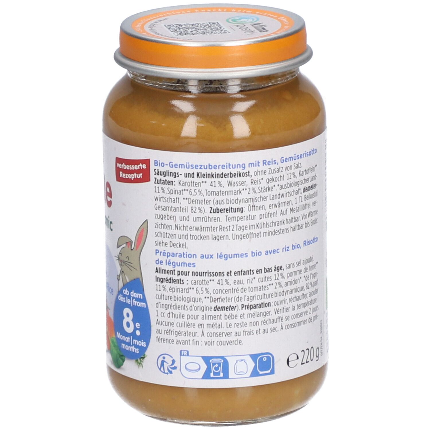 Pot Holle biologische groentepuree met wortel, rijst en spinazie. Demeter-keurmerk zichtbaar.