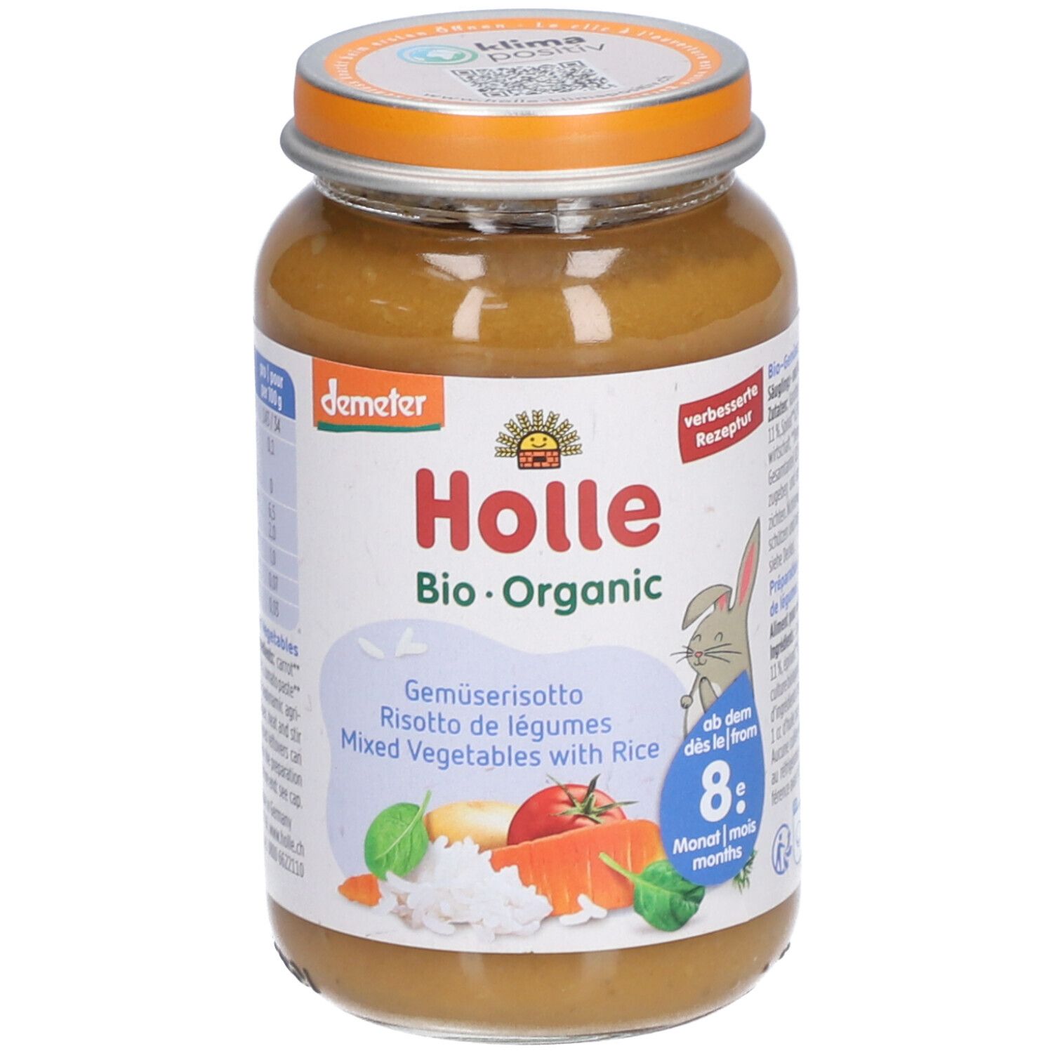 Pot Holle biologische groentepuree met rijst. Vanaf 8 maanden. Met wortel, tomaat, rijst en spinazie.