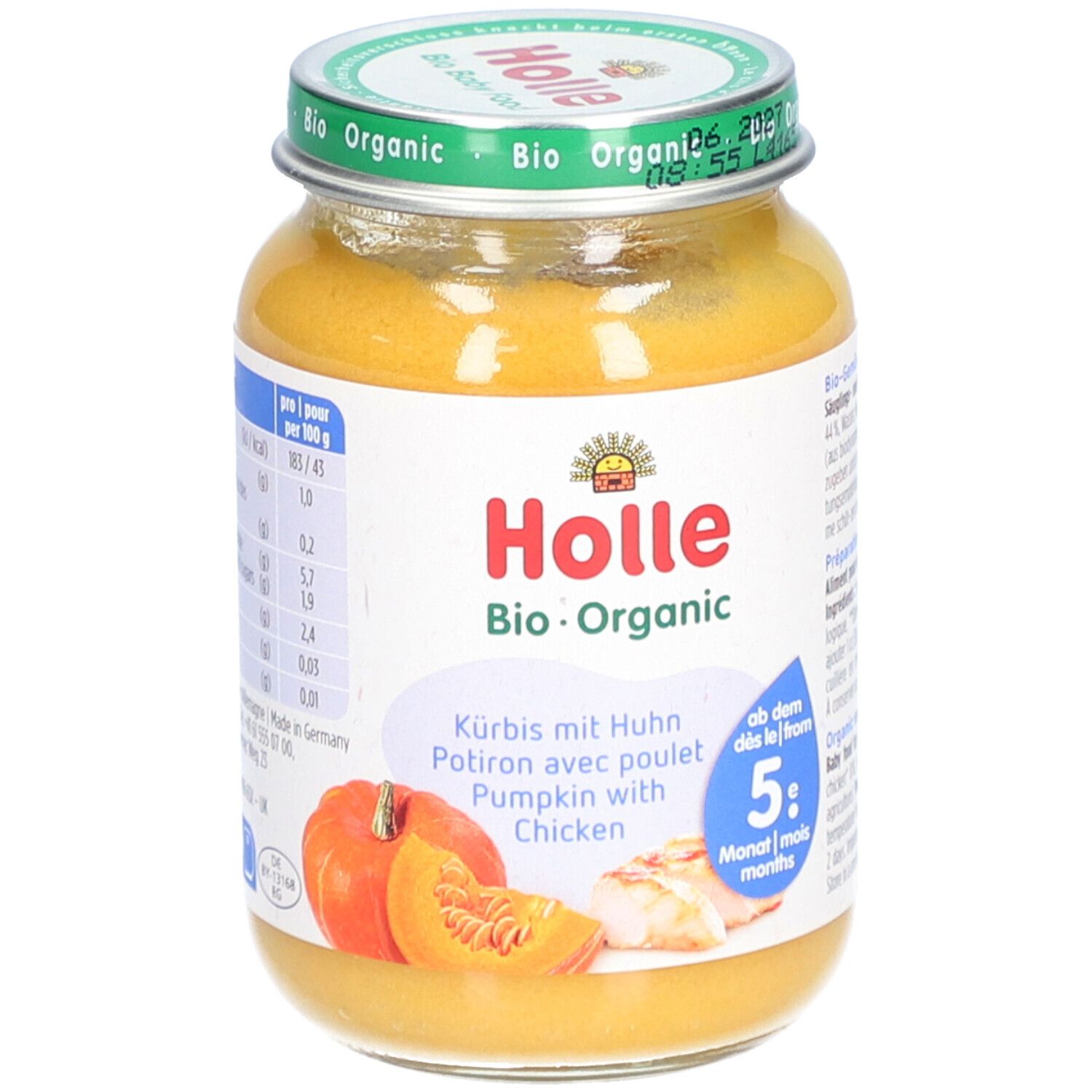 Pot pour bébé Holle Bio-Organic. Potiron avec poulet. Dès 5 mois. Image de citrouille et poulet.