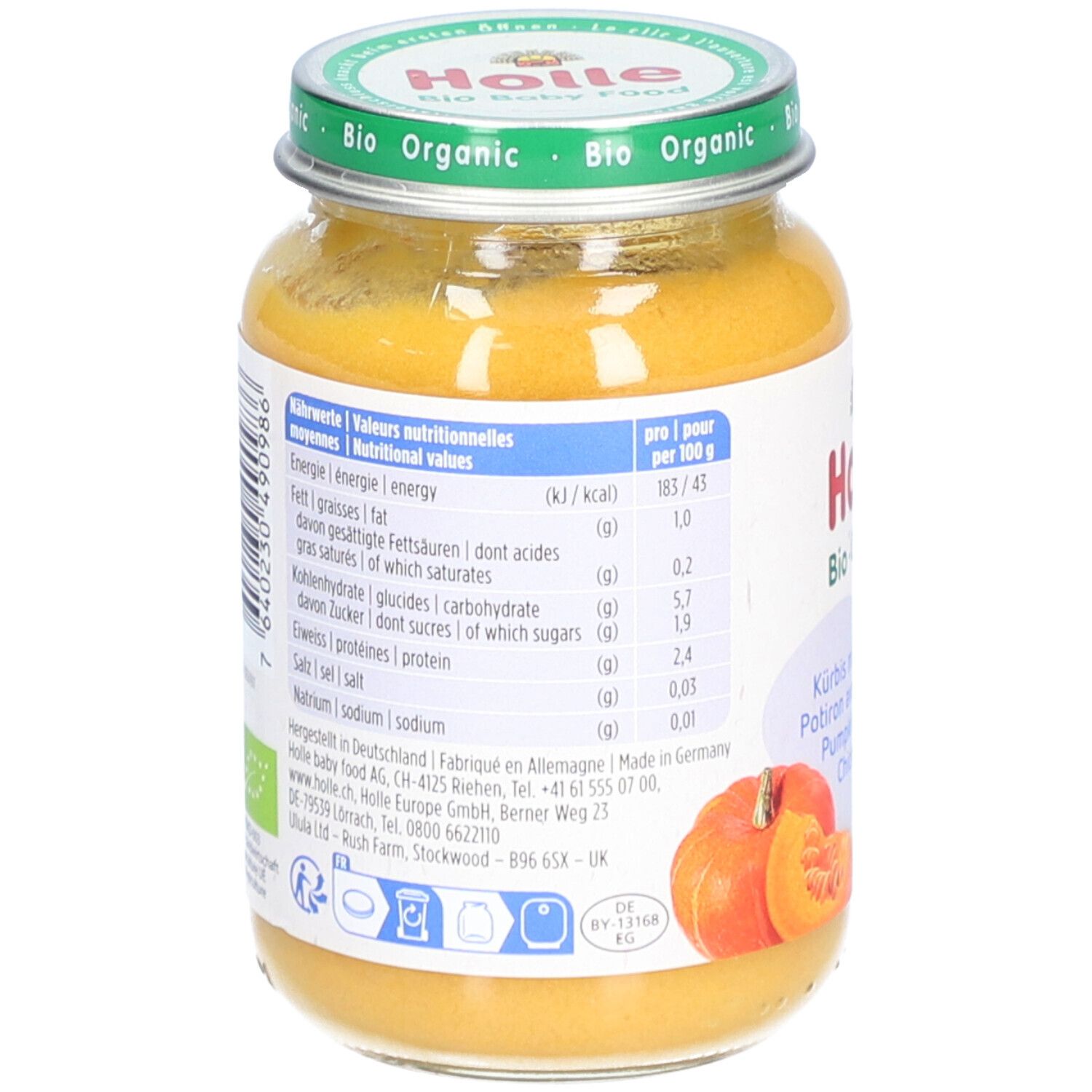 Dos du pot Holle Bio-Organic. Tableau des valeurs nutritionnelles et liste des ingrédients. 