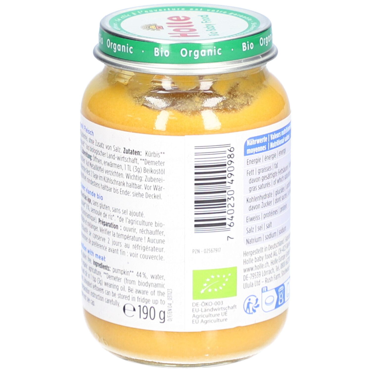 Dos du pot Holle Bio-Organic. Liste des ingrédients et instructions de préparation. 190g.