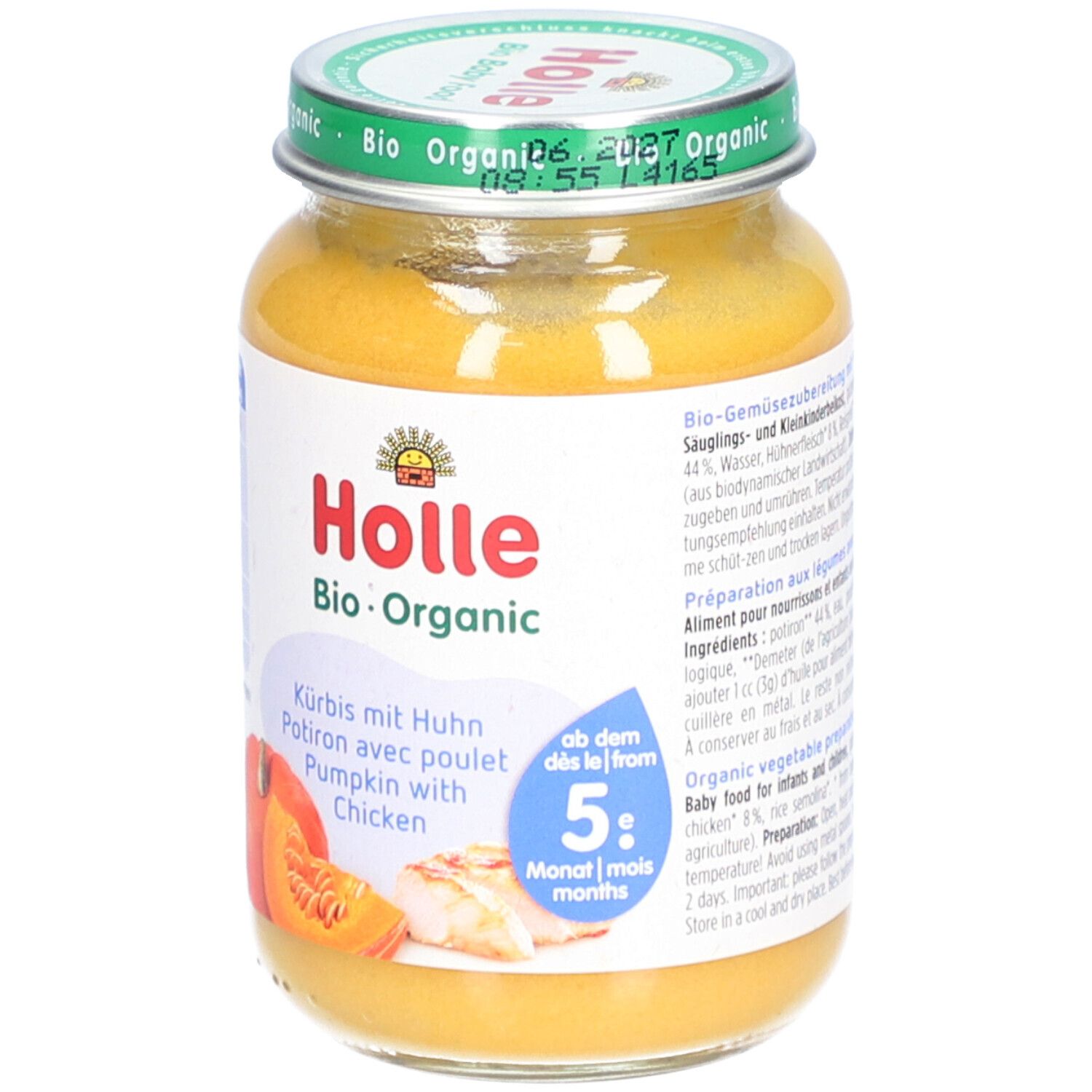 Pot pour bébé Holle Bio-Organic. Potiron avec poulet. Dès 5 mois. Image de citrouille et poulet.