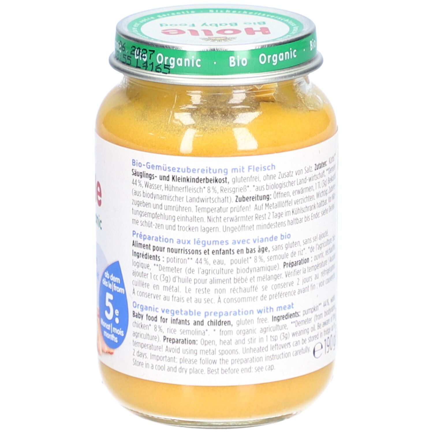 Dos du pot Holle Bio-Organic. Liste des ingrédients et instructions de préparation. 190g.