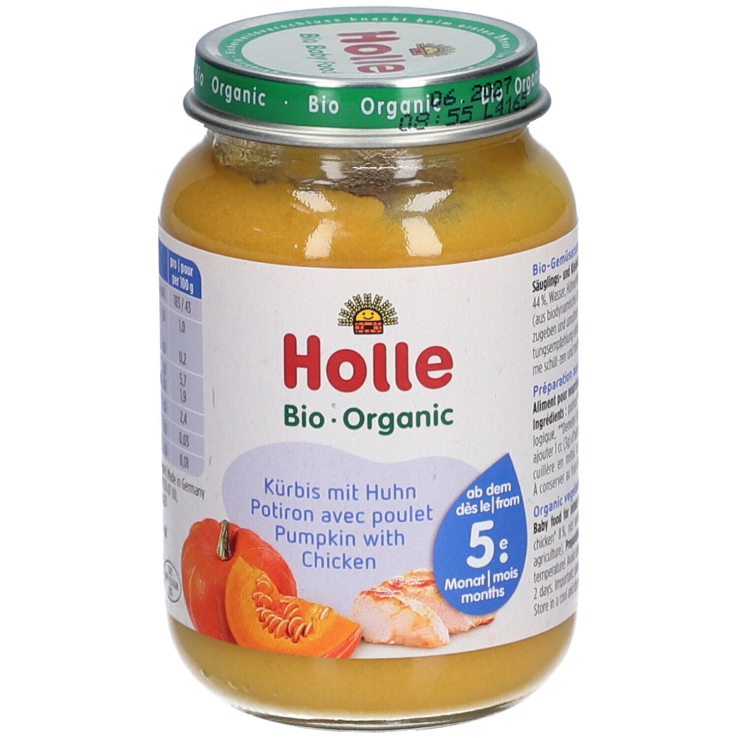 Pot pour bébé Holle Bio-Organic. Potiron avec poulet. Dès 5 mois. Contient une image de citrouille et poulet.