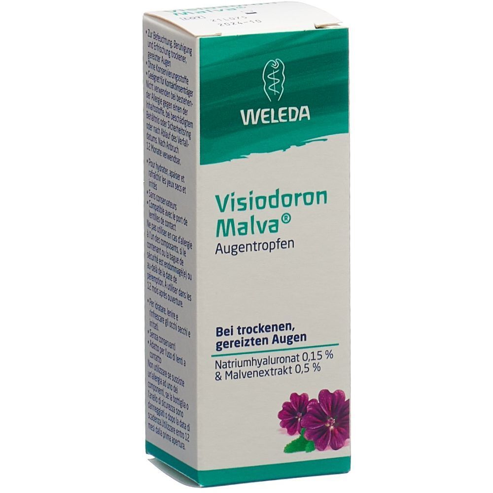 Boîte de VISIODORON® Malva Augentropfen Weleda. Inscriptions et informations produit. Design vert et blanc.