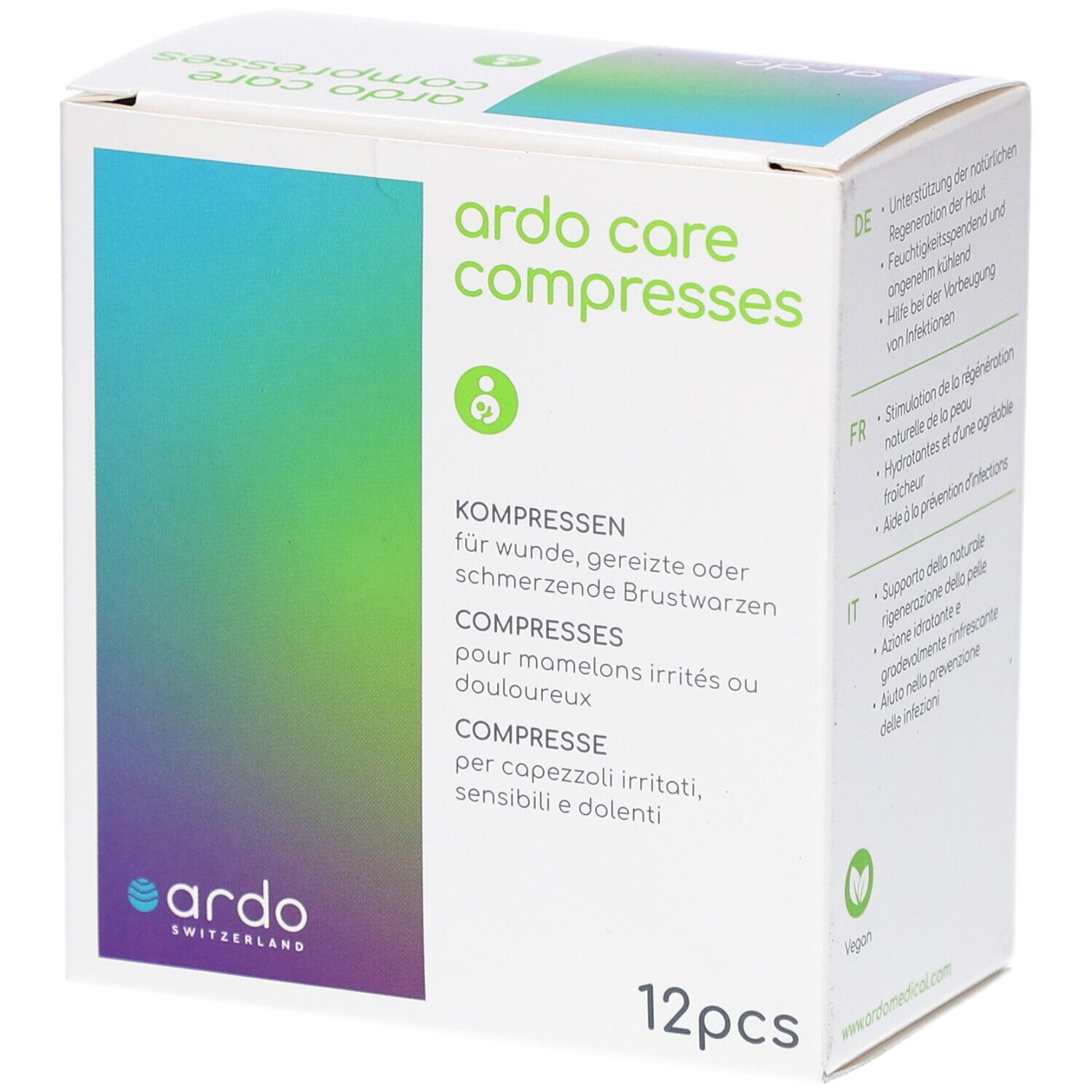 Boîte "ardo care compresses". Texte: Compresses pour mamelons. Logo: Ardo Switzerland. 12 pièces. Label vegan.