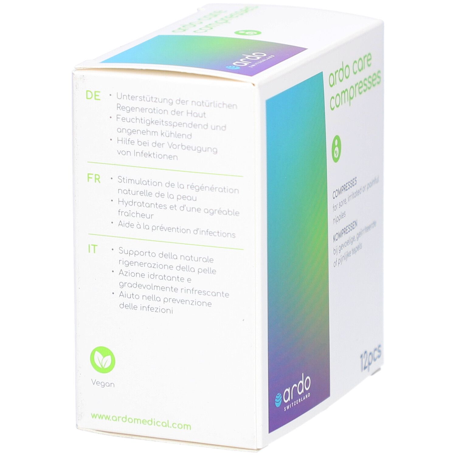 Boîte "ardo care compresses". Texte: Régénération de la peau, fraîcheur. Logo: Ardo Switzerland. 12 pièces.