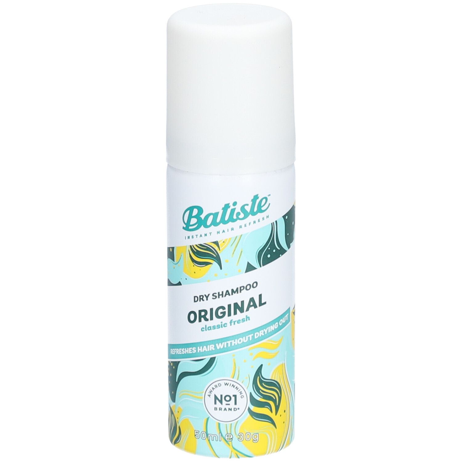 Wit en blauw spuitflesje met 'Batiste' en 'Original Dry Shampoo'. 'Classic fresh' en 'Nr. 1 Brand' zijn ook zichtbaar.