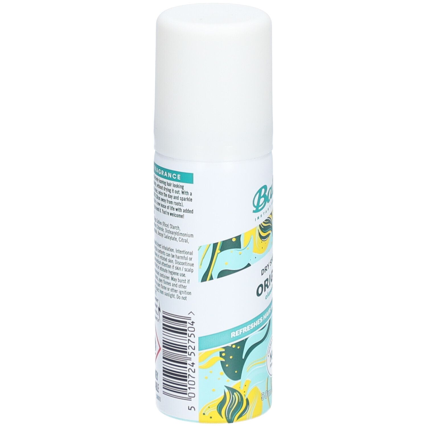 Achterkant van de spuitfles. Tekst met ingrediënten en waarschuwingen. Barcode en 'Batiste' logo ook zichtbaar.