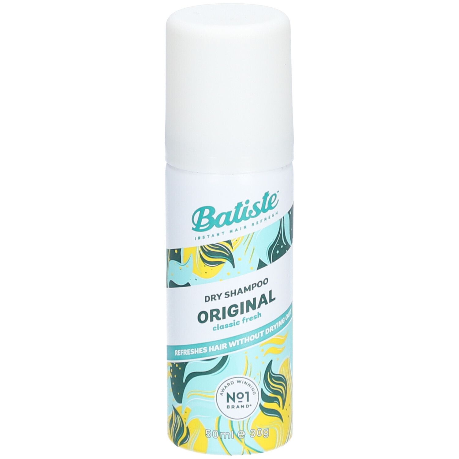 Wit en blauw spuitflesje met 'Batiste' en 'Original Dry Shampoo'. 'Classic fresh' en 'Nr. 1 Brand' zijn ook zichtbaar.