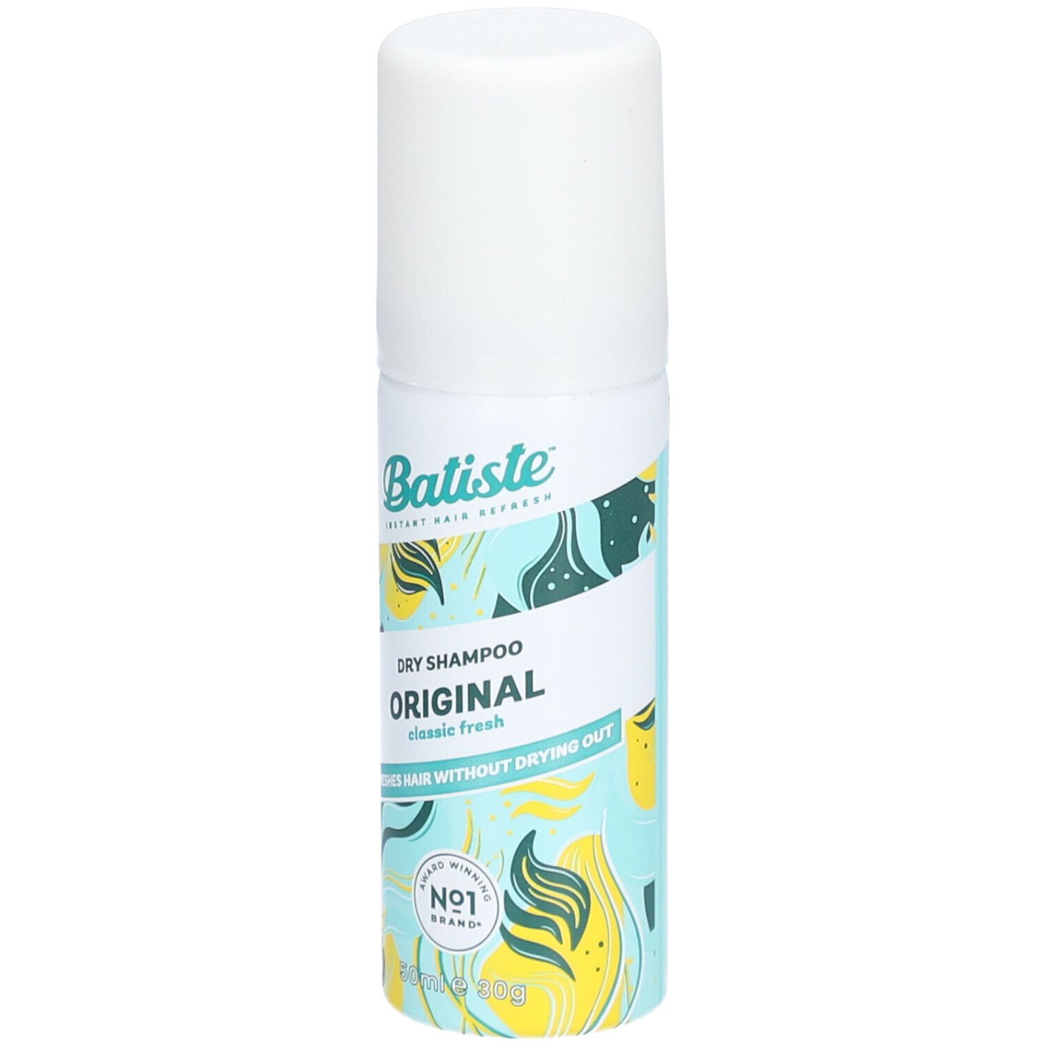 Wit en blauw spuitflesje met 'Batiste' en 'Original Dry Shampoo'. 'Classic fresh' en 'Nr. 1 Brand' zijn ook zichtbaar.