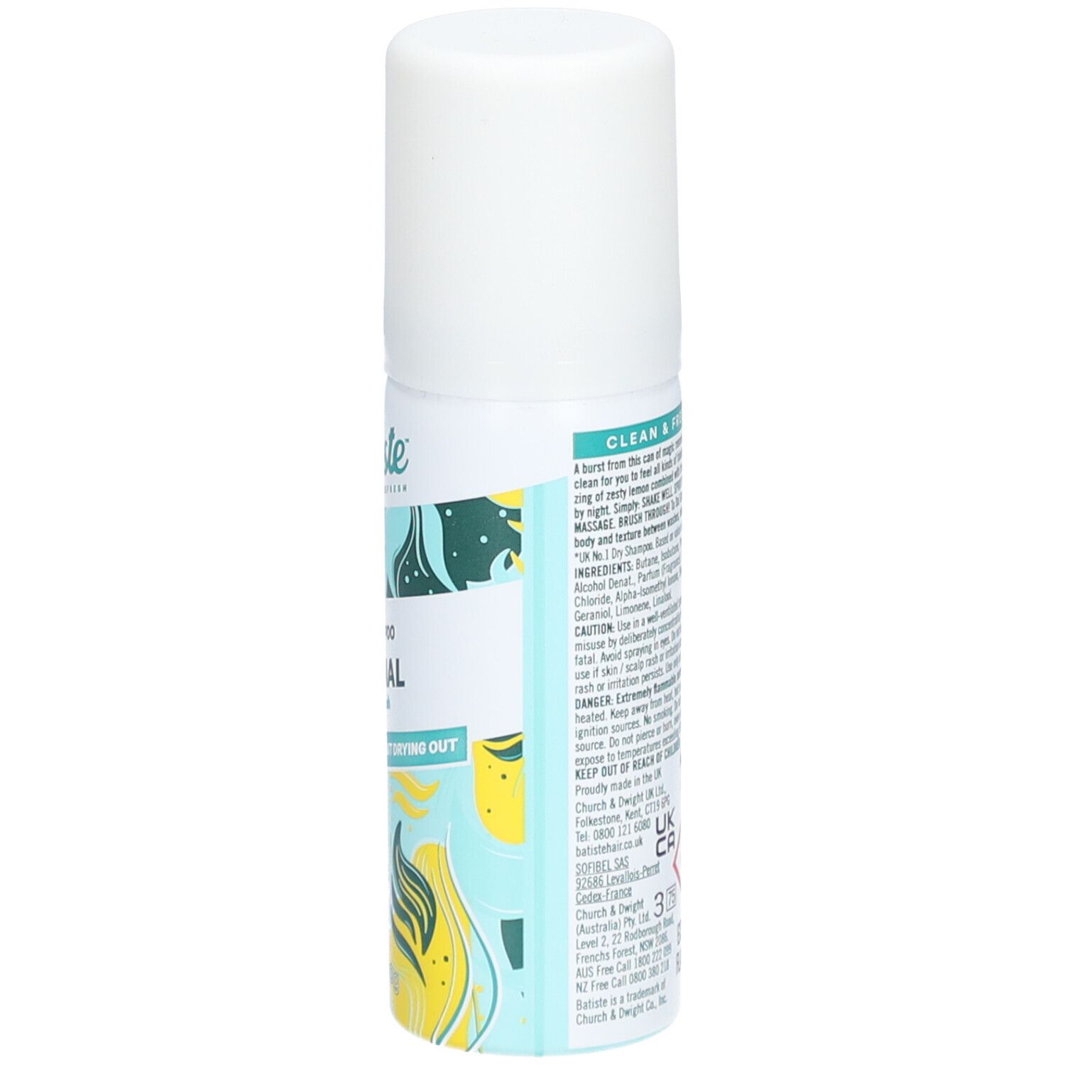 Achterkant van de spuitfles. Tekst met ingrediënten en waarschuwingen. 'Batiste' logo en 'Clean & Fresh' tekst.