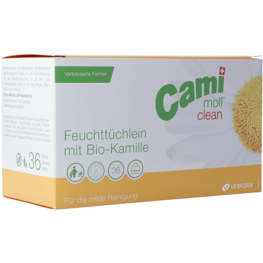 Verpakking van CAMI MOLL clean vochtige doekjes met bio-kamille. 36 doekjes. Geel-wit ontwerp met logo en tekst.
