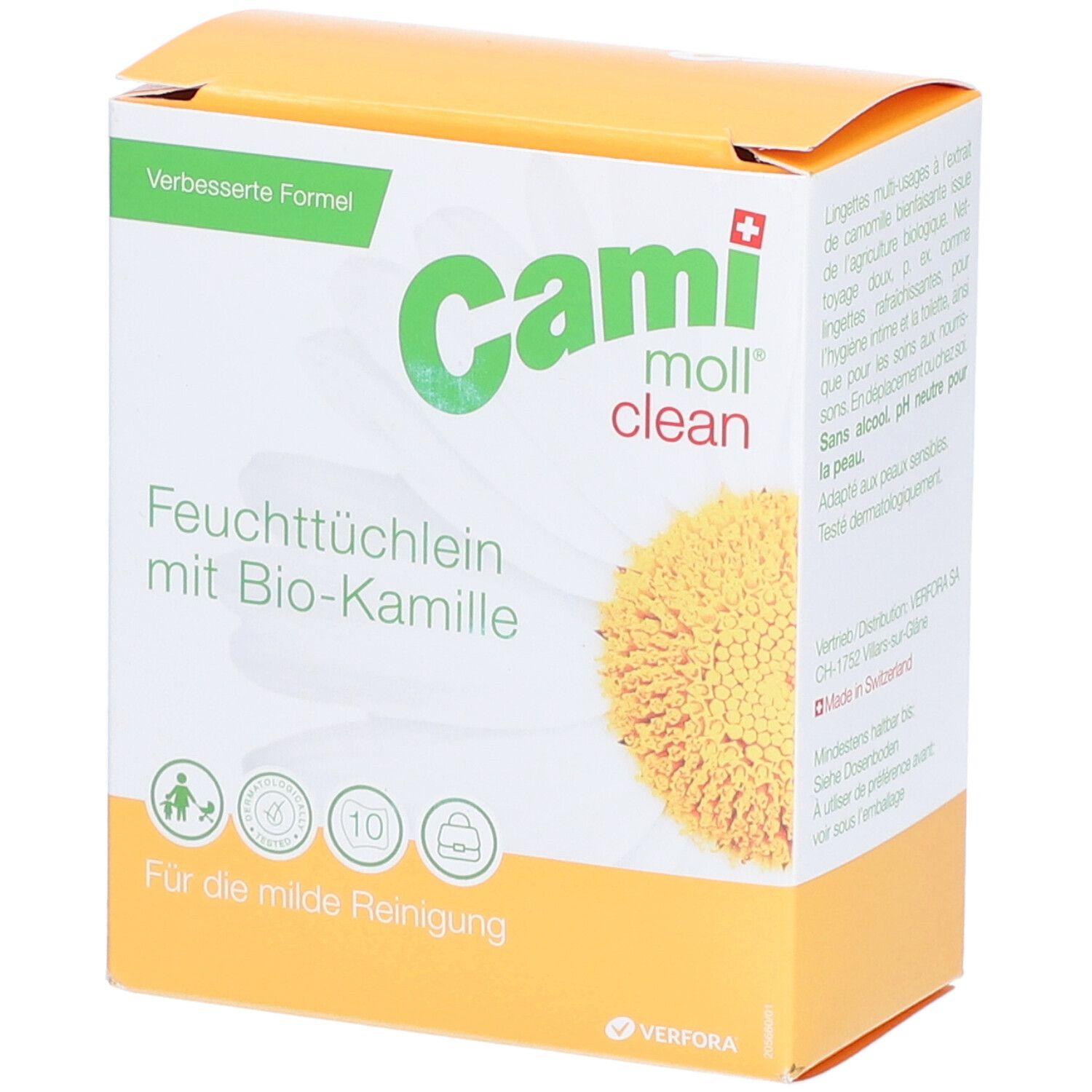 Boîte de lingettes humides CAMI moll clean à la camomille bio. Design jaune et blanc avec logo et fleur de camomille. Texte en allemand.