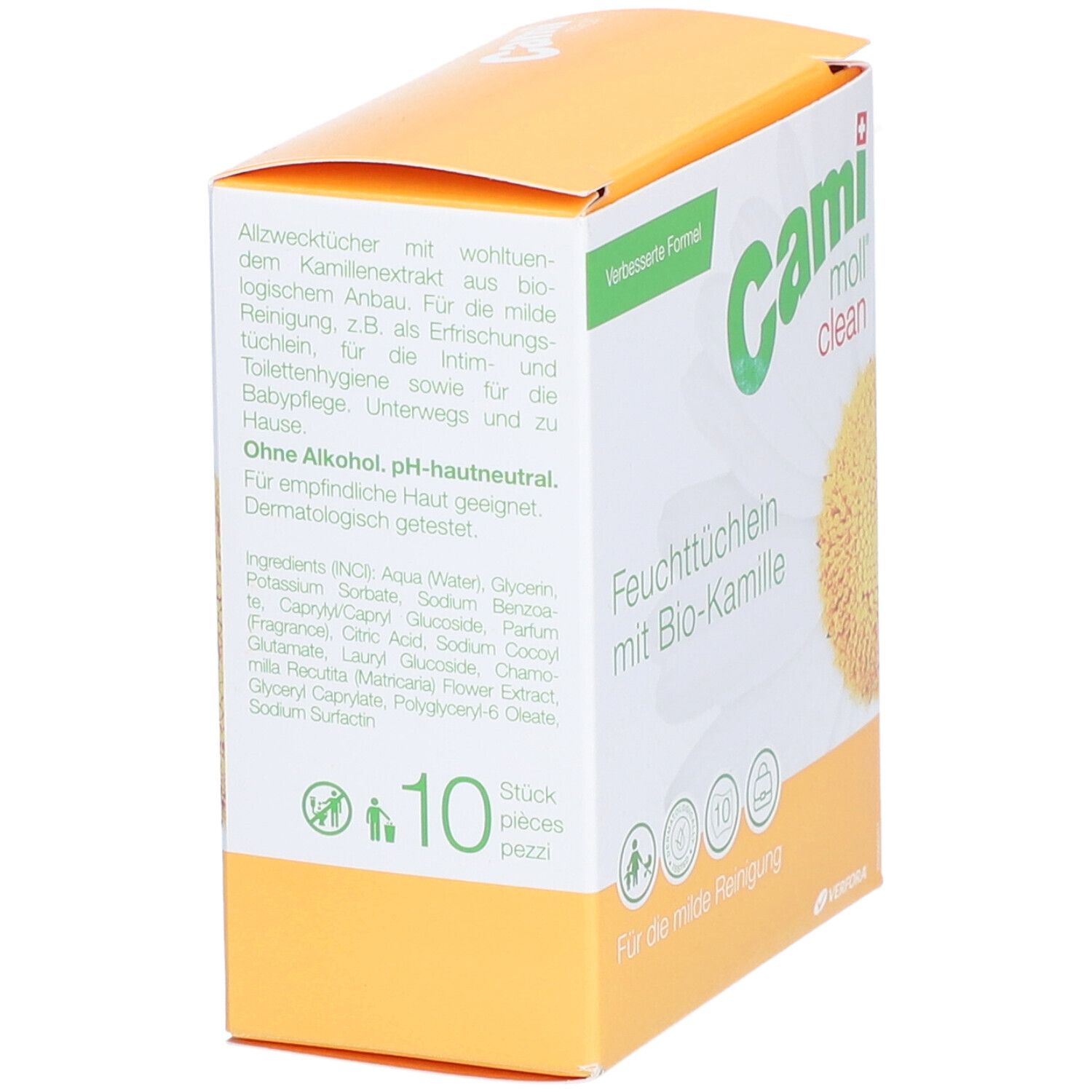 Dos de la boîte de lingettes humides CAMI moll clean. Design jaune et blanc avec texte et liste d'ingrédients en allemand.