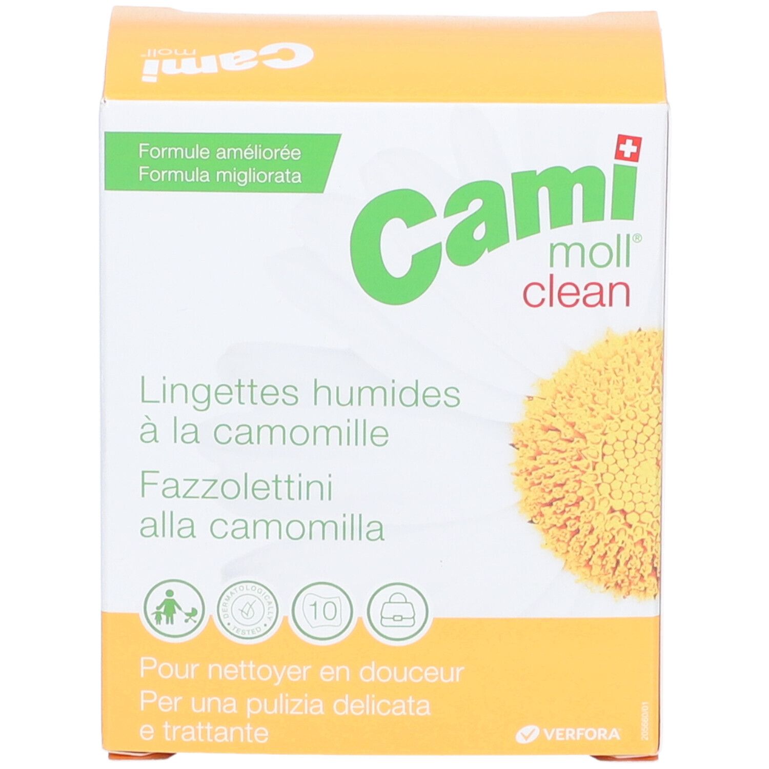Boîte de lingettes humides CAMI moll clean. Design jaune et blanc avec logo et fleur de camomille. Texte en allemand, français et italien.