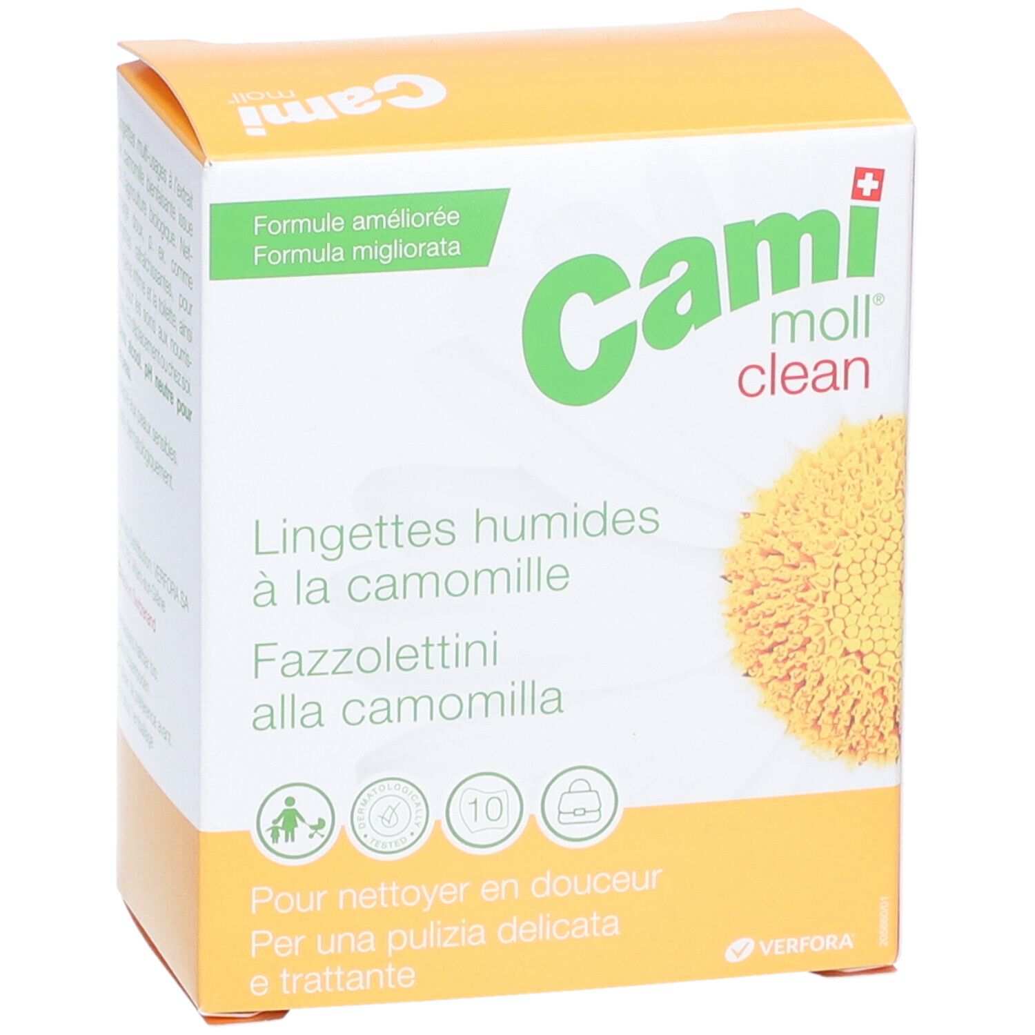 Boîte de lingettes humides CAMI moll clean. Design jaune et blanc avec logo et fleur de camomille. Texte en allemand, français et italien.
