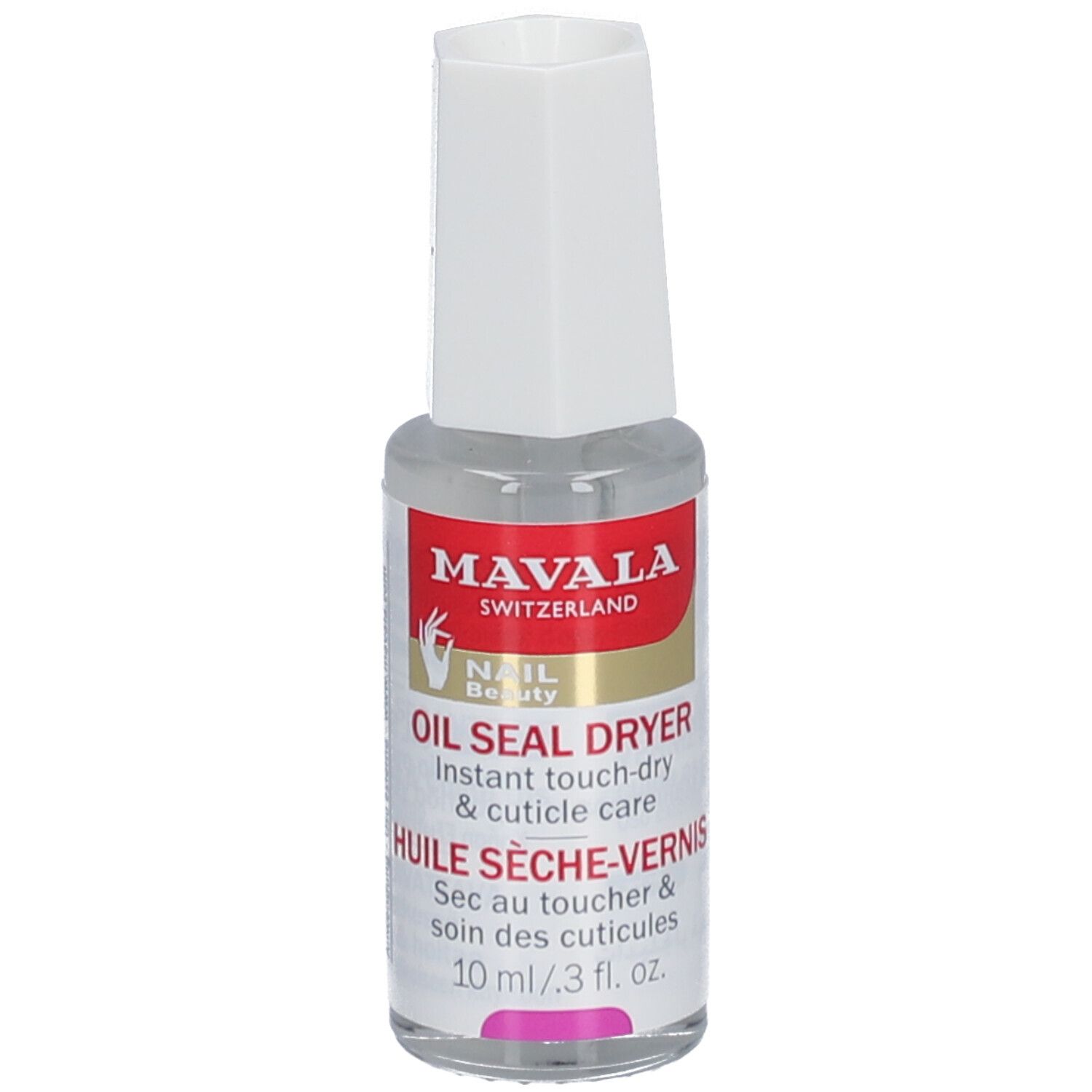Flacon transparent avec bouchon blanc. Inscription: Mavala, Oil Seal Dryer. 10 ml/3 fl. oz.