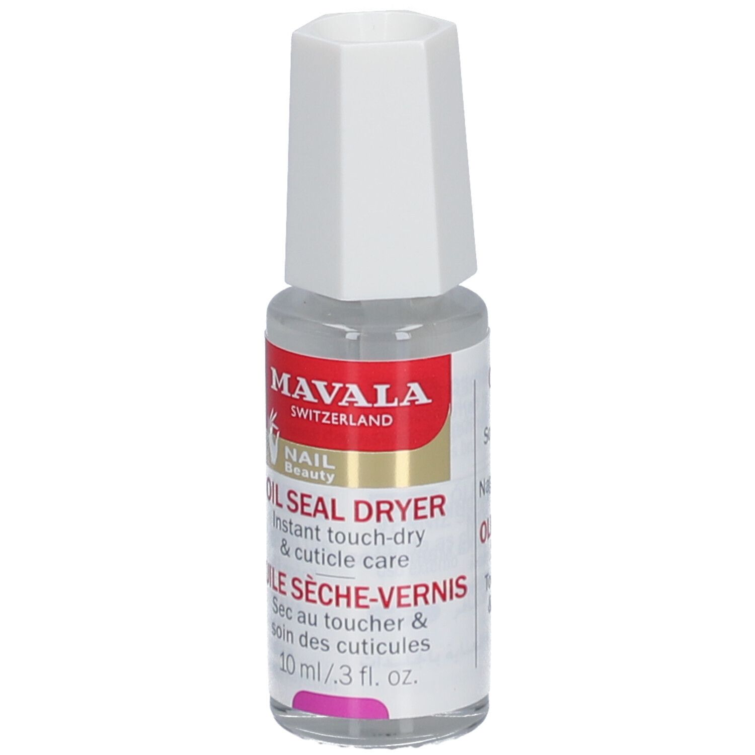 Flacon transparent avec bouchon blanc. Inscription: Mavala, Oil Seal Dryer. 10 ml/3 fl. oz.