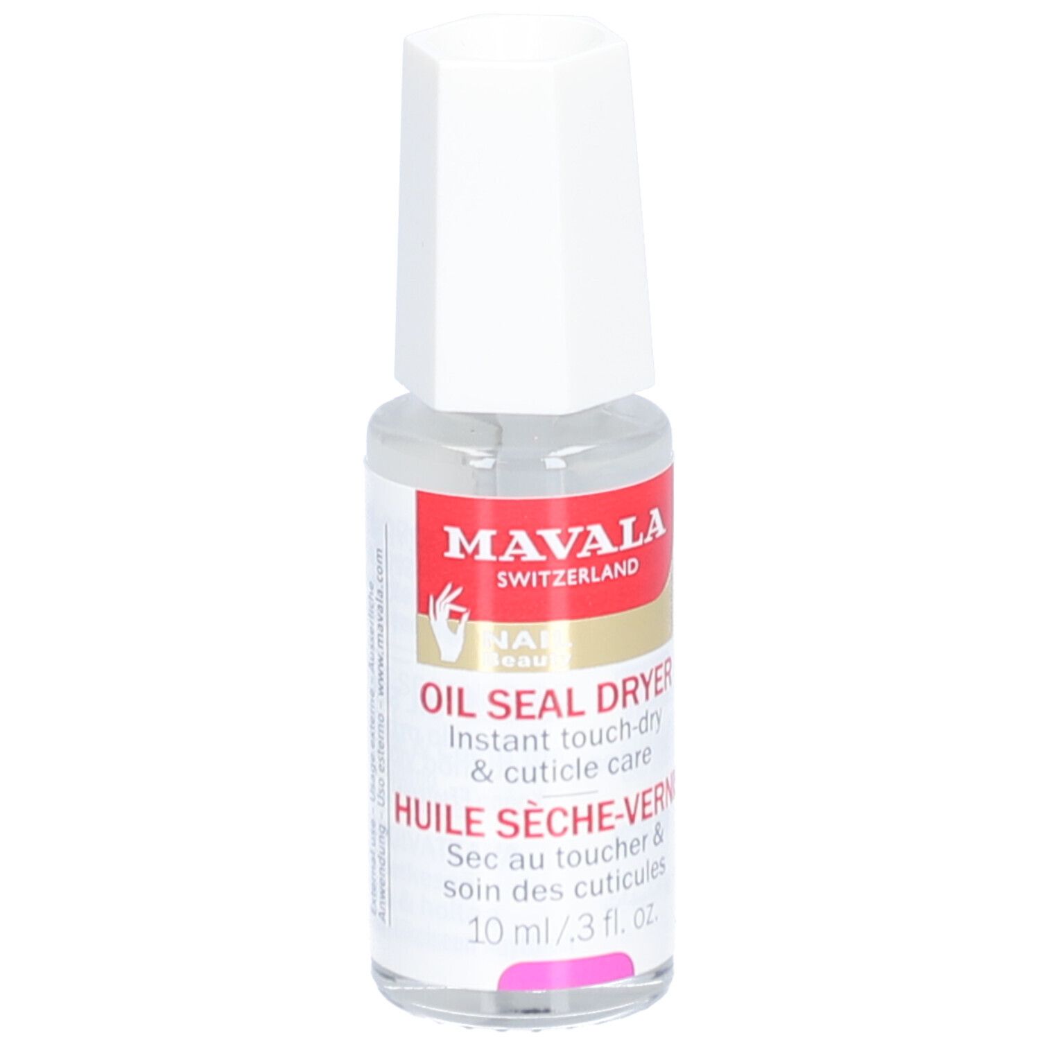 Flacon transparent avec bouchon blanc. Inscription: Mavala, Oil Seal Dryer. 10 ml/3 fl. oz.