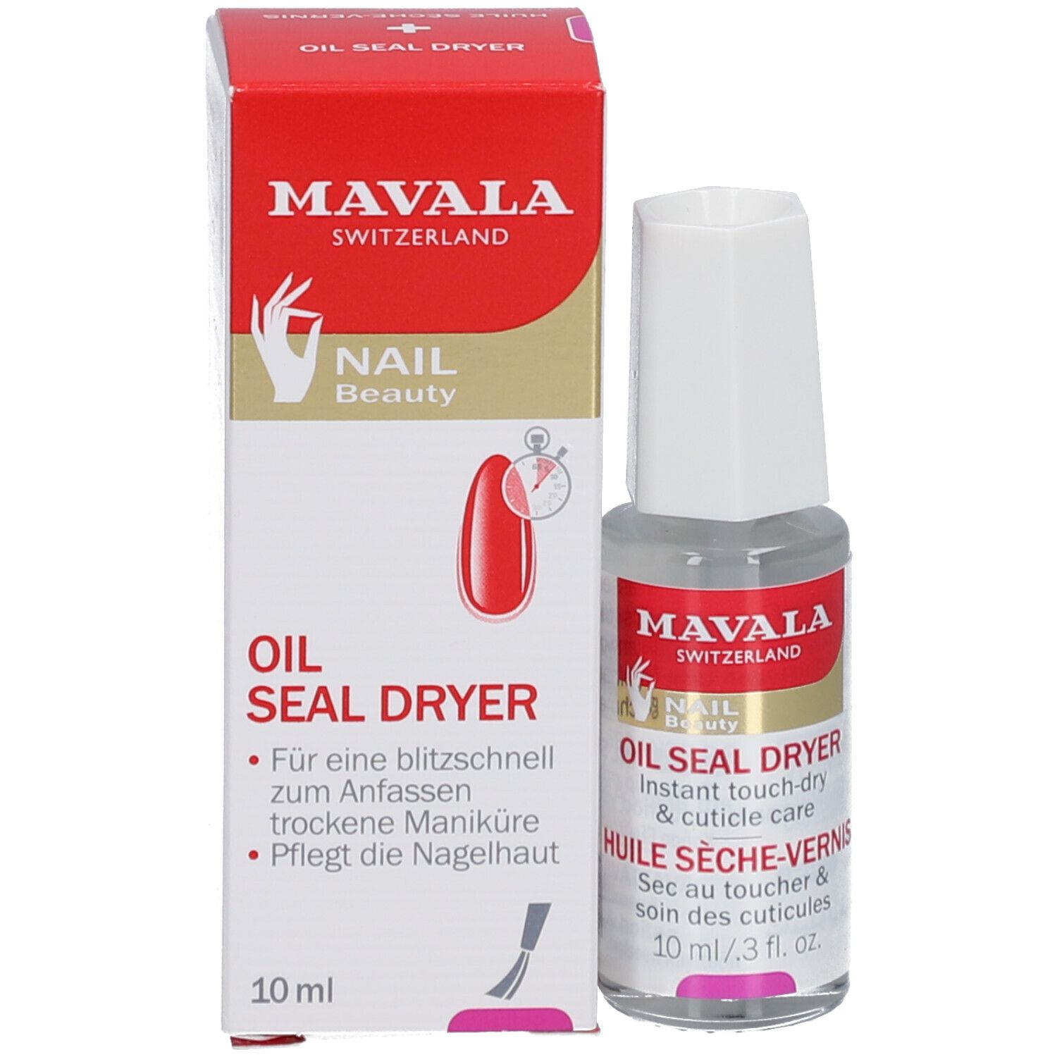 Produit et emballage. Flacon et carton. Inscription: Mavala, Oil Seal Dryer. 10 ml.