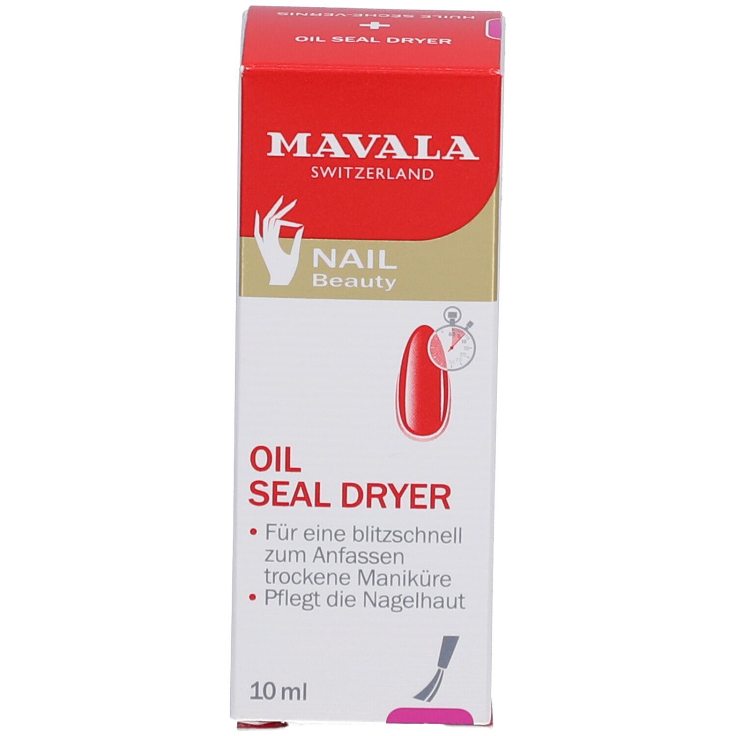 Produit et emballage. Carton. Inscription: Mavala, Oil Seal Dryer. 10 ml.