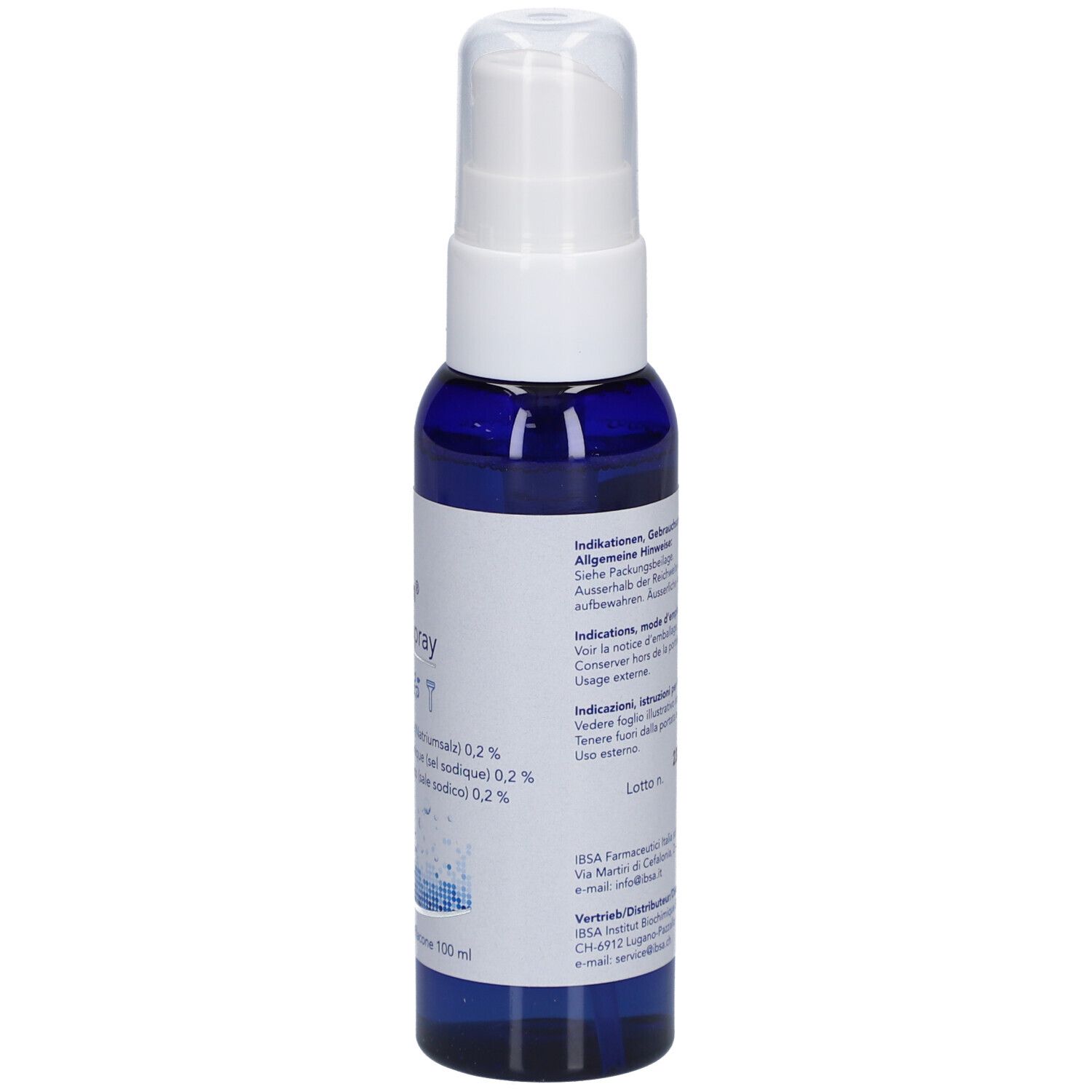 Blauwe fles met witte spraykop. Opschrift met ingrediënten en waarschuwingen. Fles.