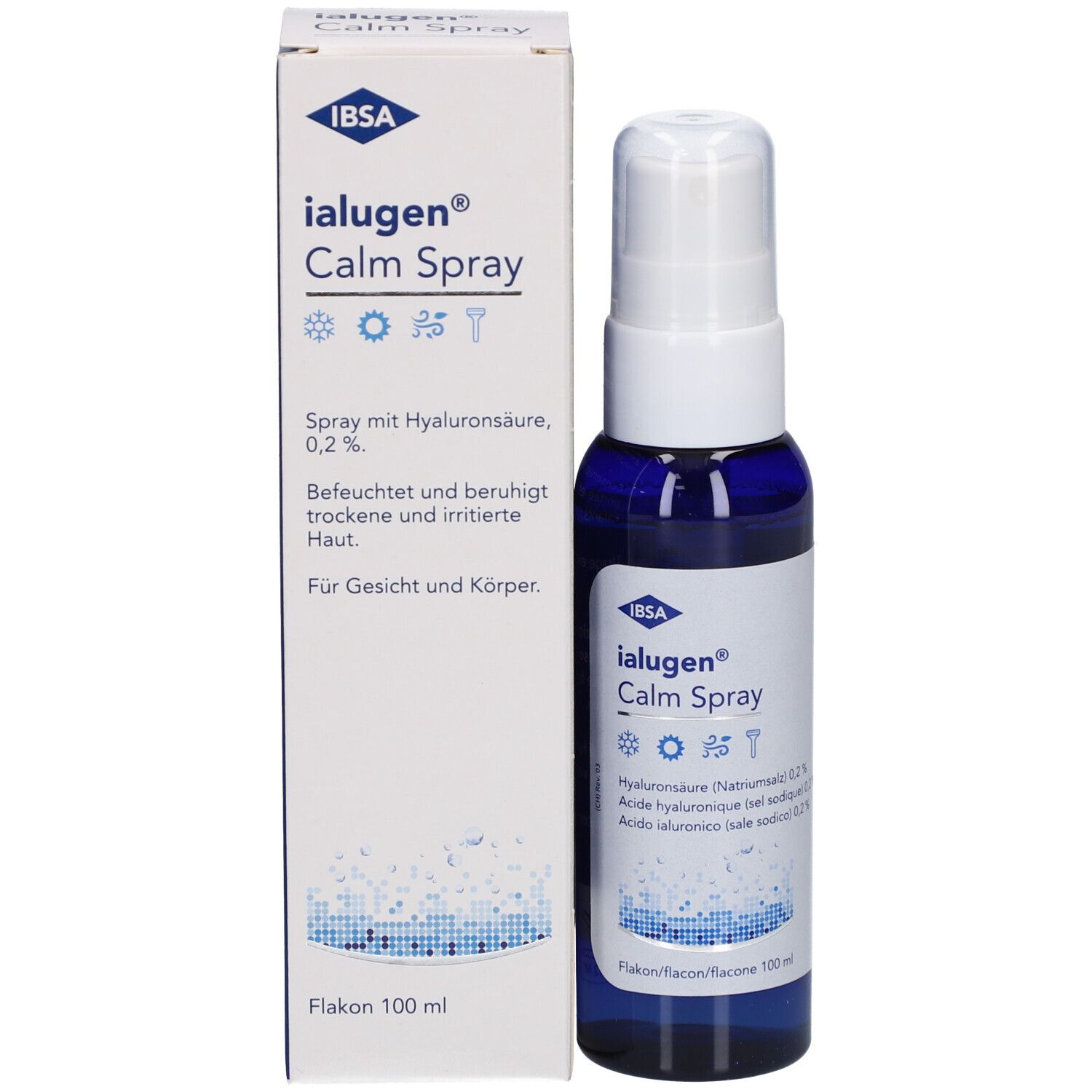 Productverpakking met fles en doos. Opschrift: Ialugen Calm Spray, hyaluronzuur. Fles 100 ml.