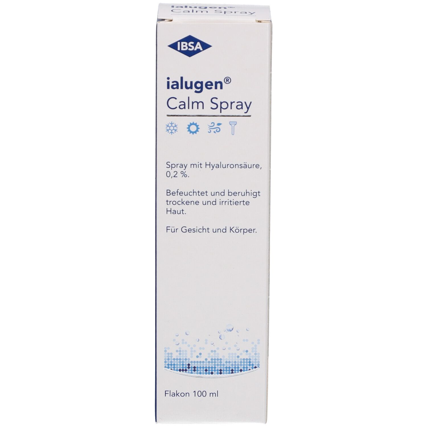 Witte productverpakking. Opschrift: Ialugen Calm Spray, hyaluronzuur. Fles 100 ml.