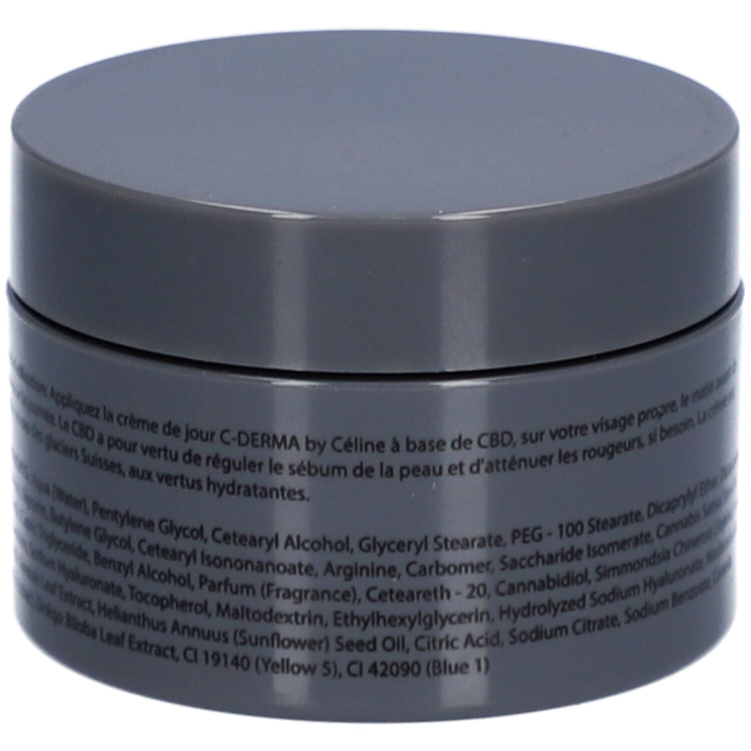 Pot gris foncé. Inscription : C-DERMA, Day Cream. Ingrédients et instructions d'utilisation en plusieurs langues.