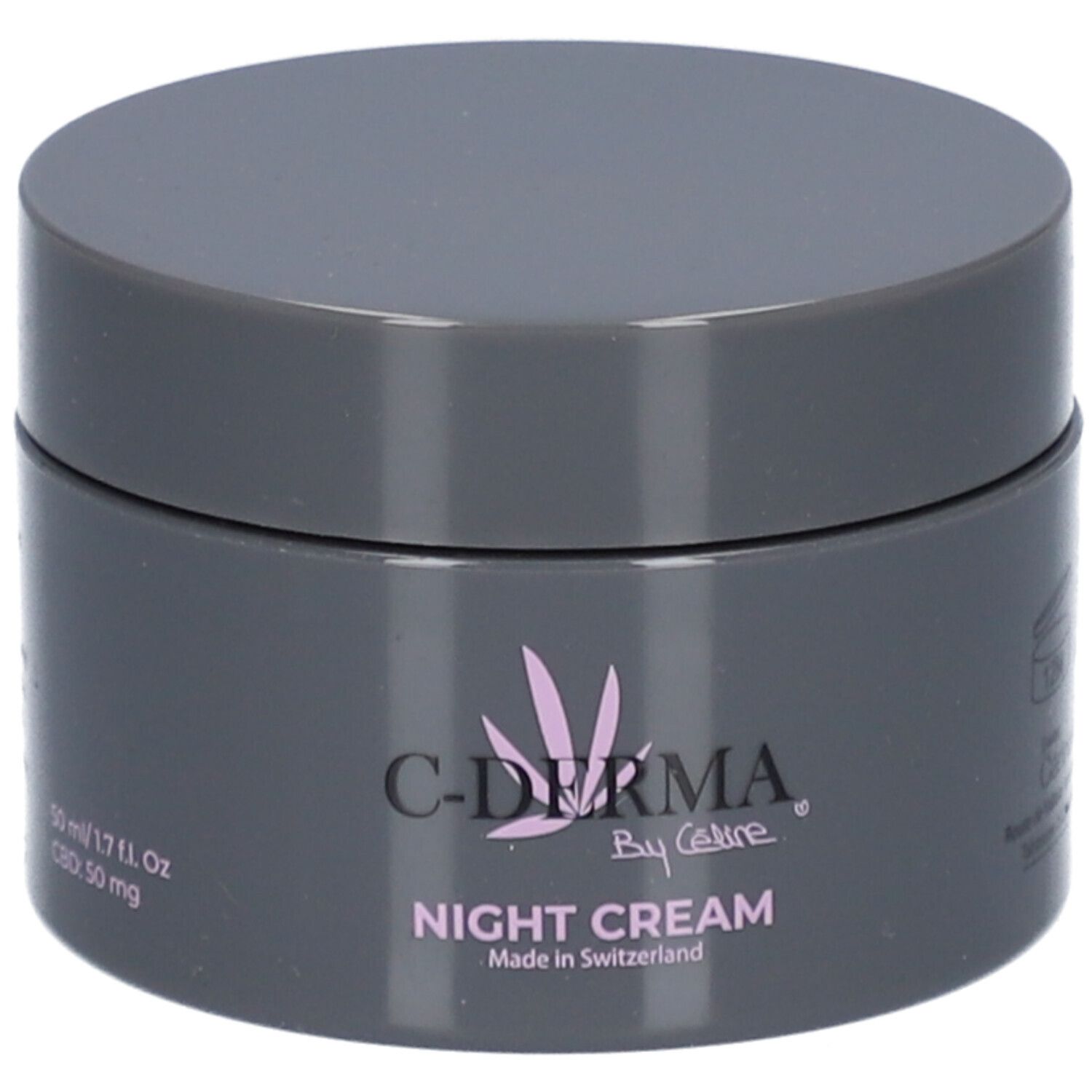 Pot gris foncé avec couvercle. Inscription : C-Derma by Céline, Night Cream. 50 ml/1.7 fl. oz. CBD: 50 mg.