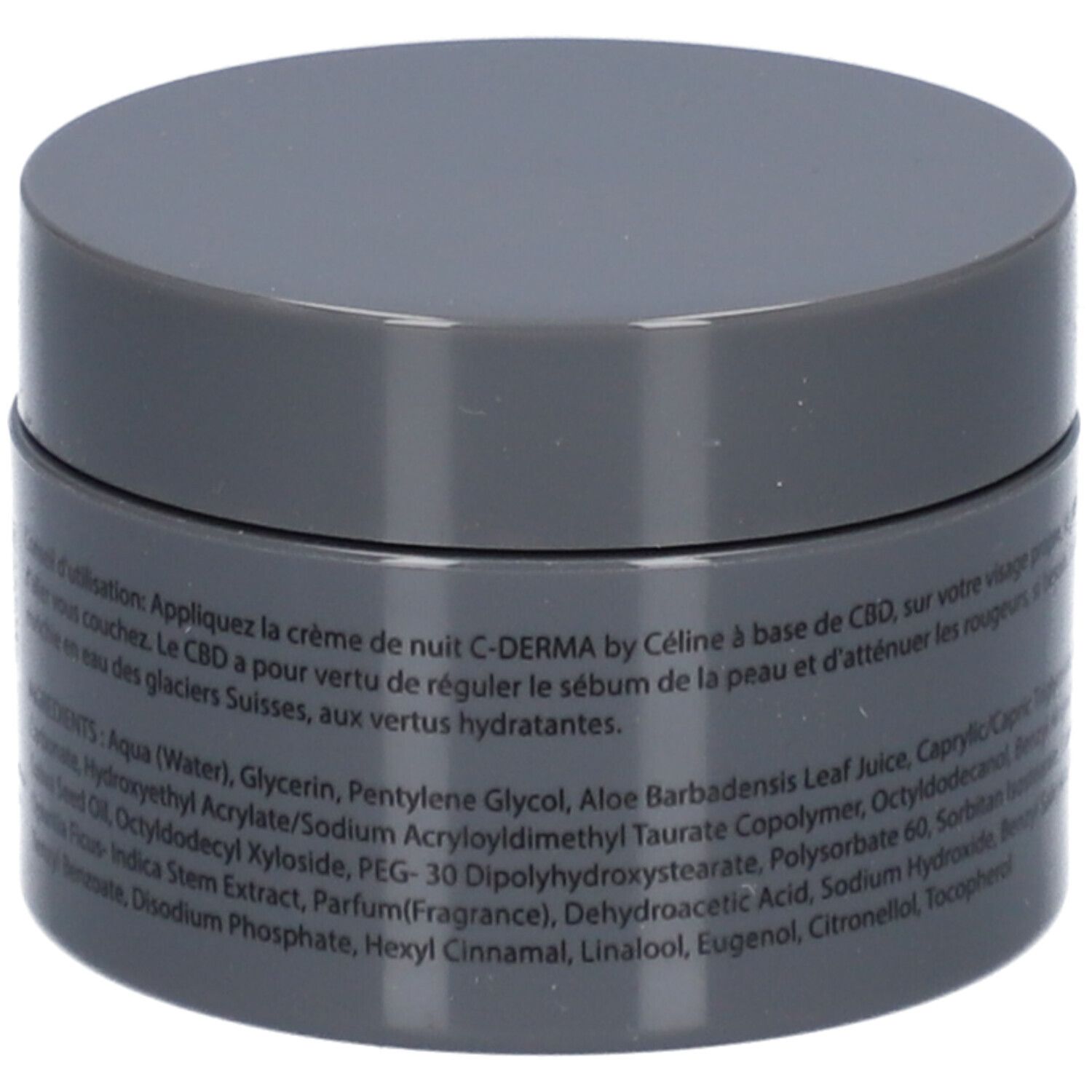 Pot gris foncé avec liste d'ingrédients et instructions d'utilisation. Inscription : C-Derma by Céline.