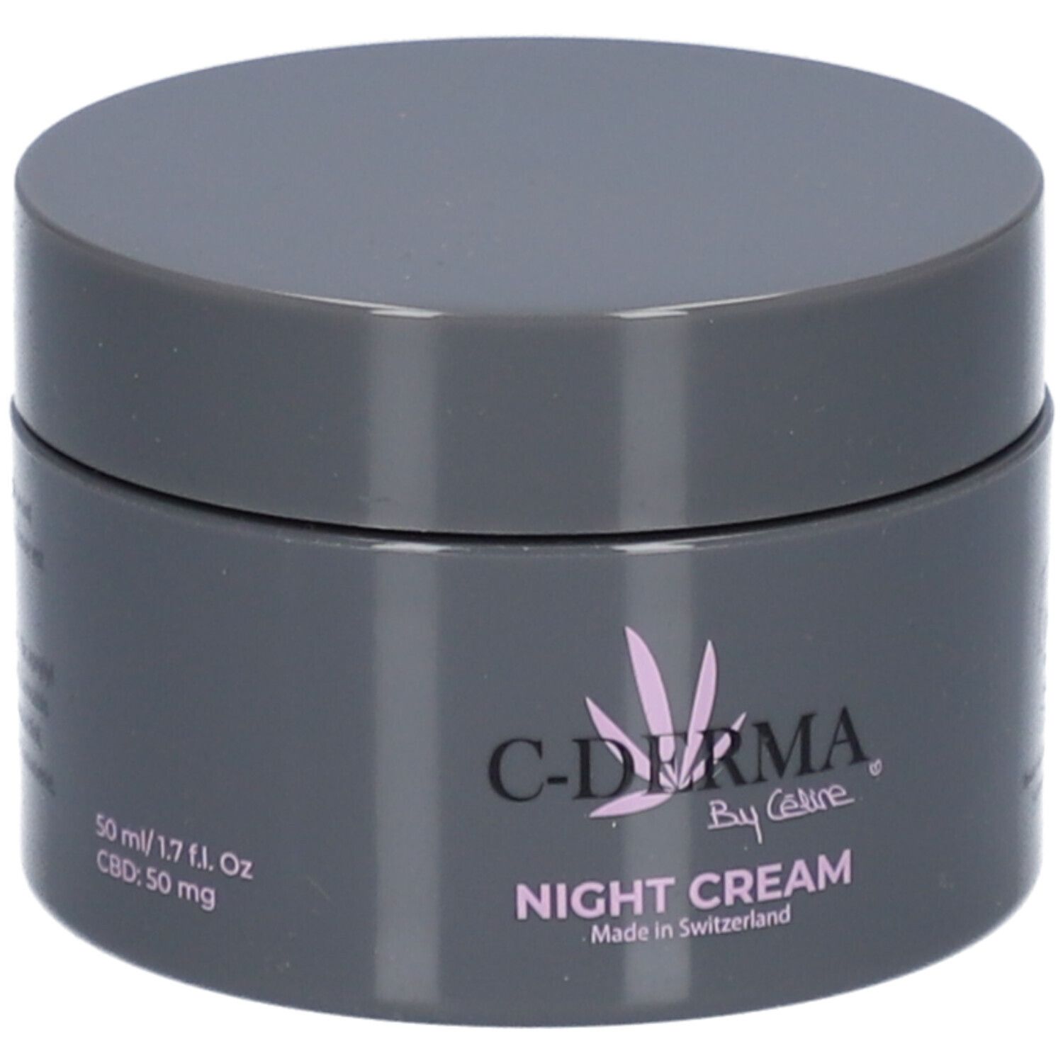 Pot gris foncé avec couvercle. Inscription : C-Derma by Céline, Night Cream. Made in Switzerland. 50 ml/1.7 fl. oz. CBD: 50 mg.