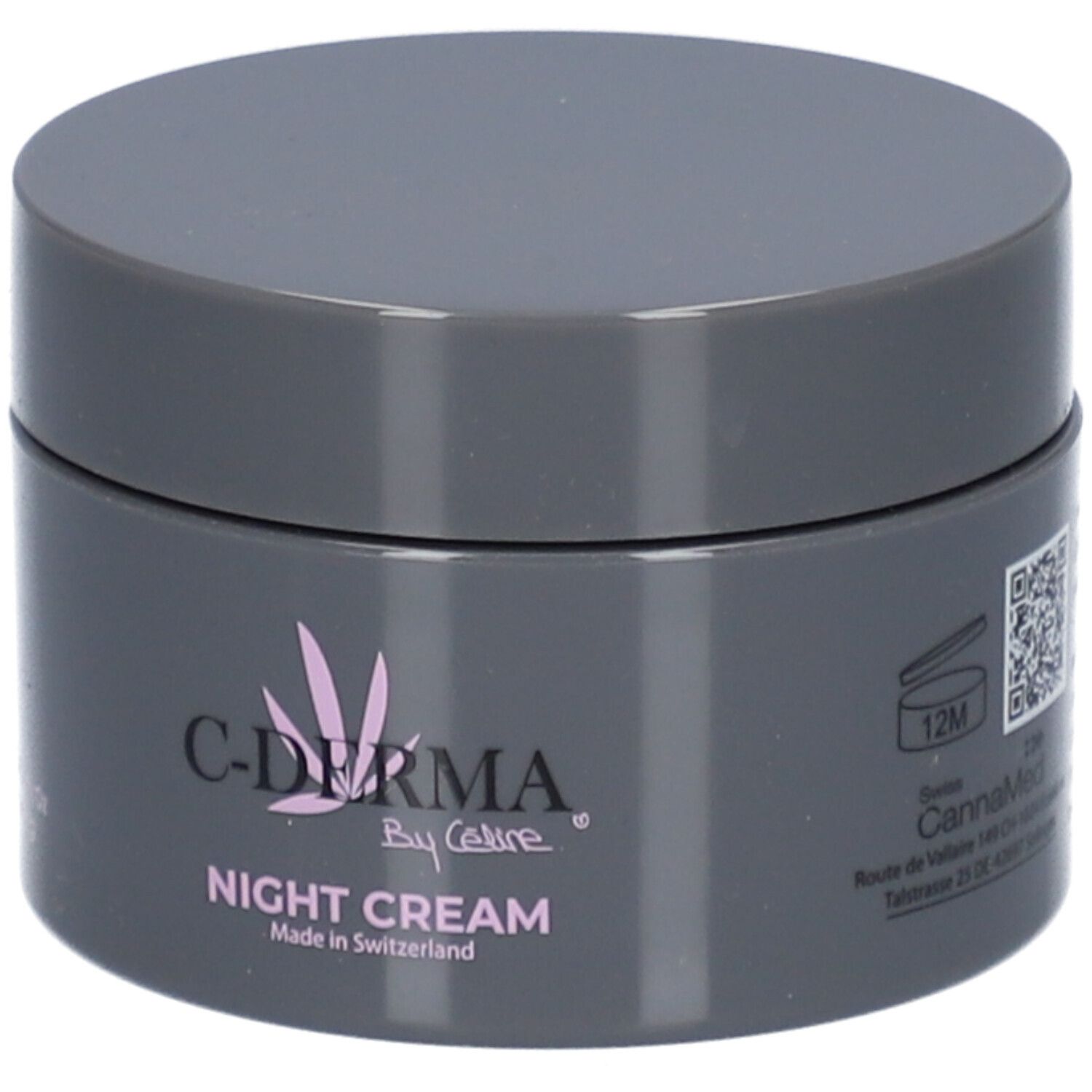 Pot gris foncé avec couvercle. Inscription : C-Derma by Céline, Night Cream. Made in Switzerland. Code QR et symbole 12M.