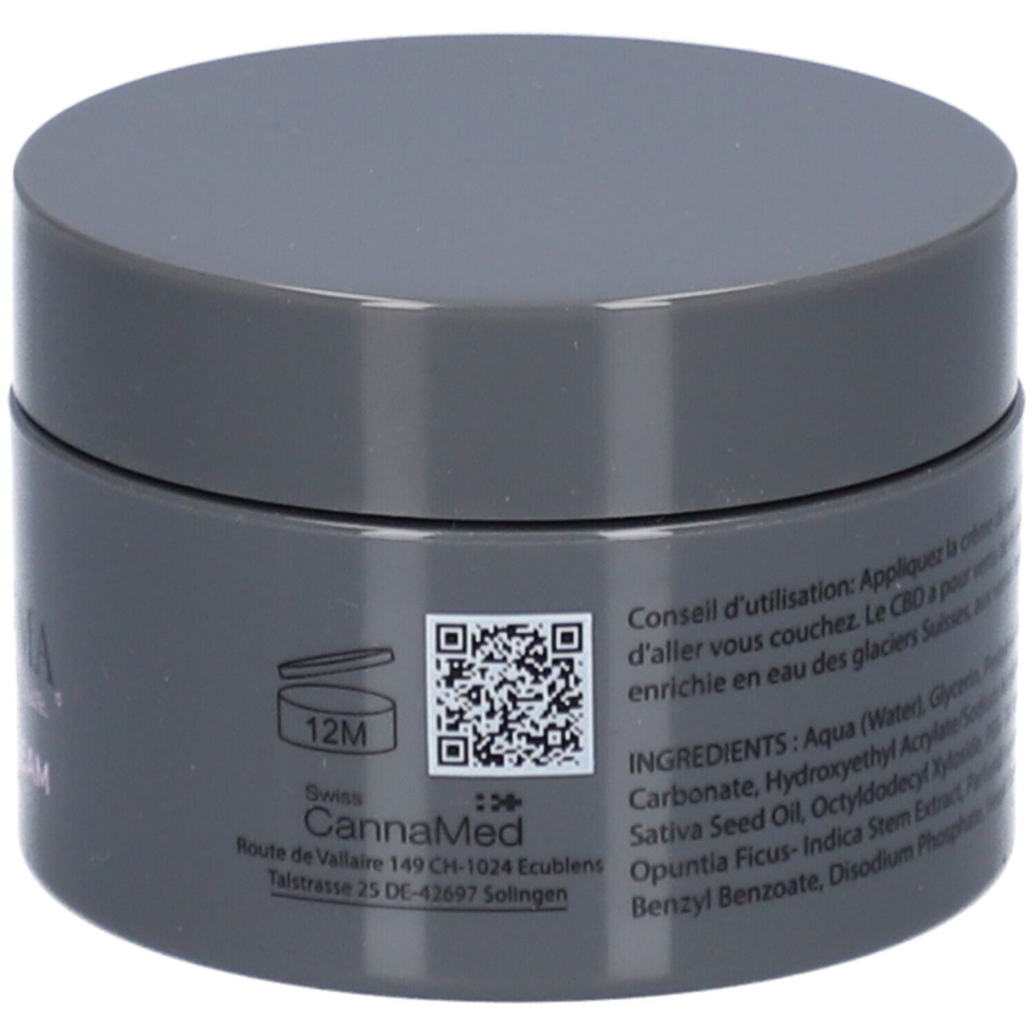 Pot gris foncé avec couvercle. Code QR, symbole 12M et liste d'ingrédients. Adresse : CannaMed, Suisse.
