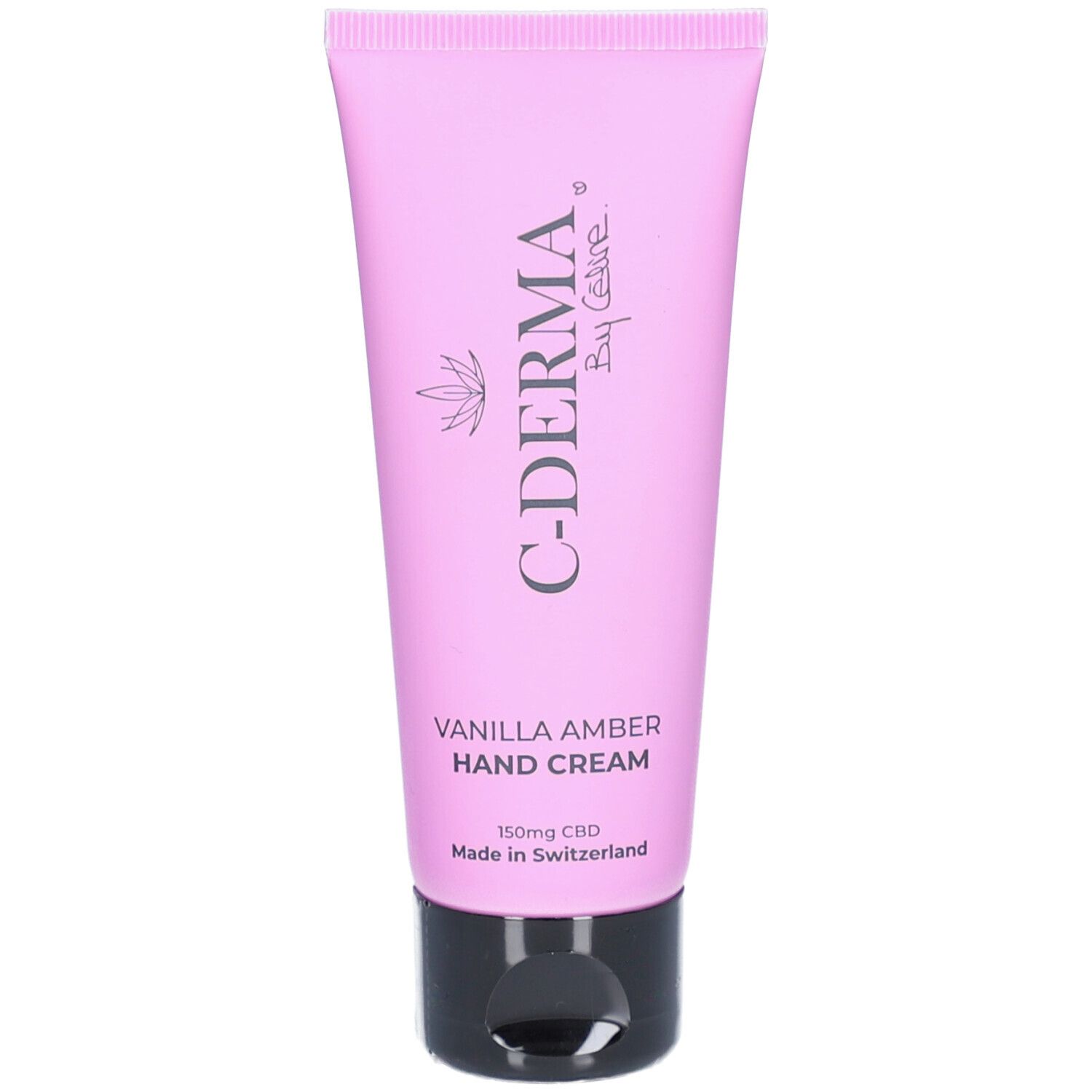 Grijze tube C-DERMA By Celine handcrème. Opschrift C-DERMA, "Vanilla Amber Hand Cream". 150mg CBD. Gemaakt in Zwitserland.