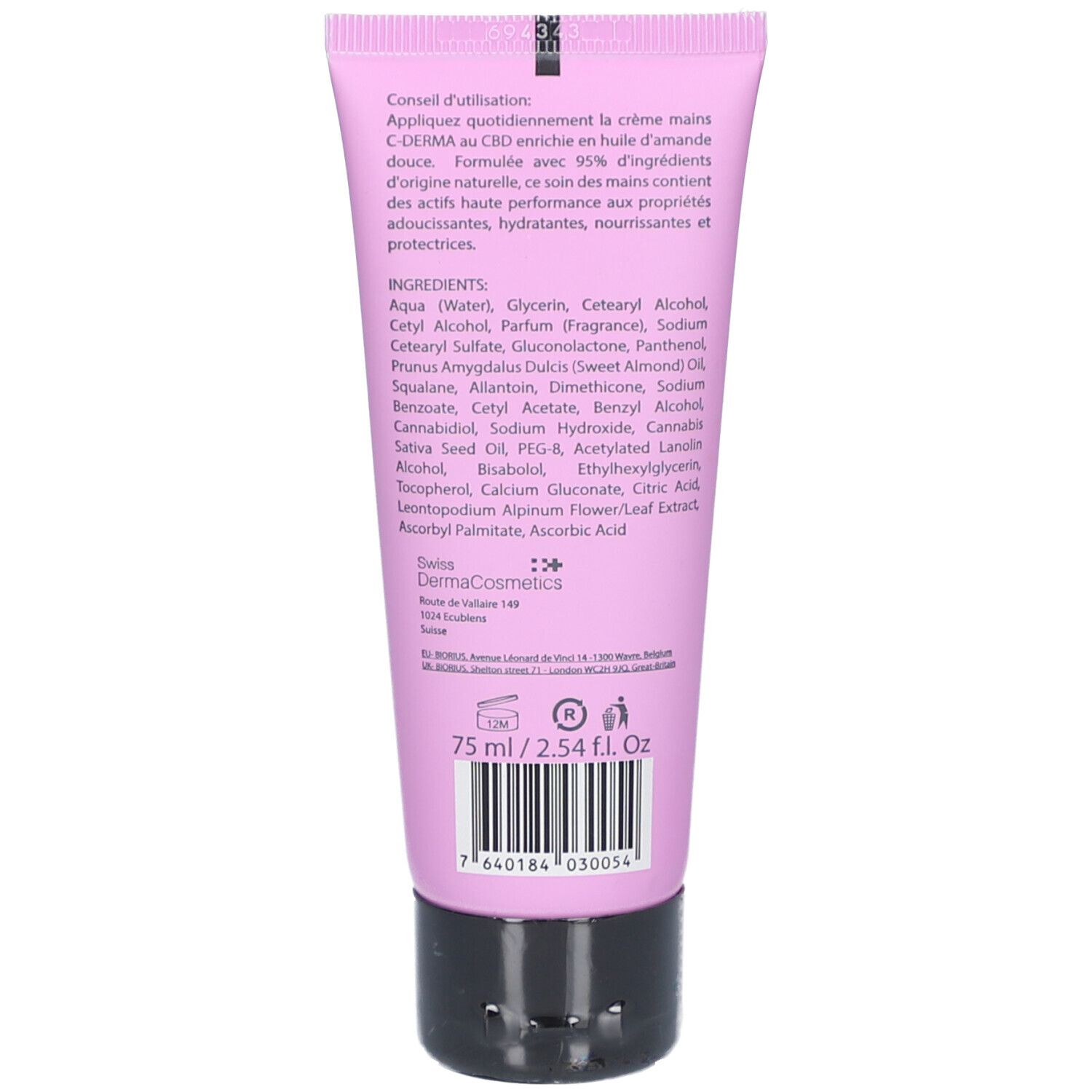 Achterkant van de C-DERMA handcrèmetube. Tekst met ingrediënten en gebruiksaanwijzing. 75 ml/2.54 FL. Oz. Barcode.