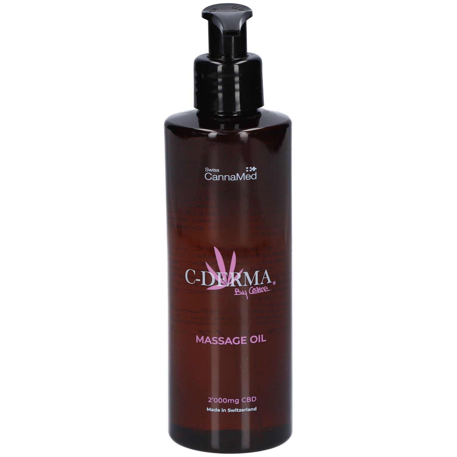 Flacon brun avec pompe noire. Inscription: C-DERMA, huile de massage, 2000mg CBD. Fabriqué en Suisse.
