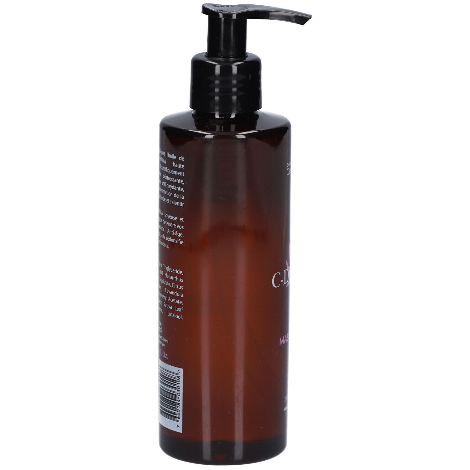 Flacon brun avec pompe noire. Texte latéral, dont C-DERMA. Ingrédients au dos.
