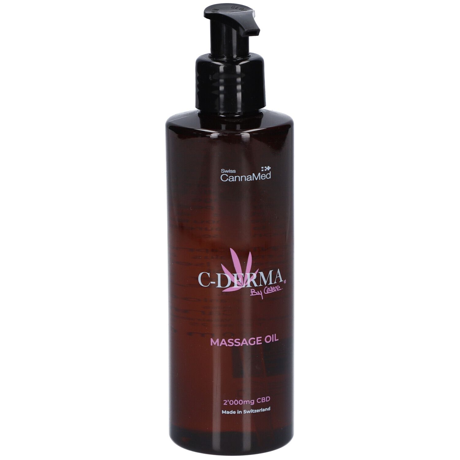 Flacon brun avec pompe noire. Inscription: C-DERMA, huile de massage, 2000mg CBD. Fabriqué en Suisse.