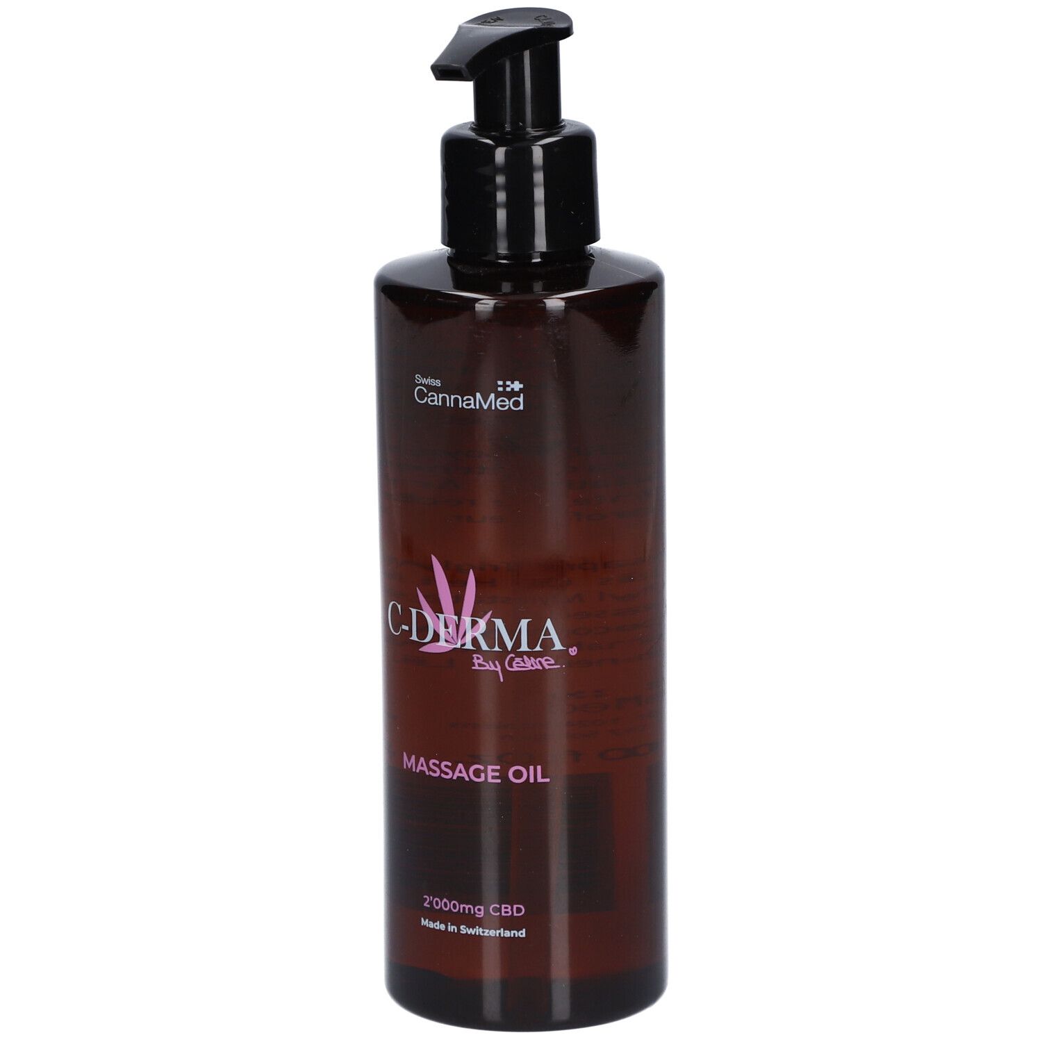 Flacon brun avec pompe noire. Inscription: C-DERMA, huile de massage, 2000mg CBD. Fabriqué en Suisse.
