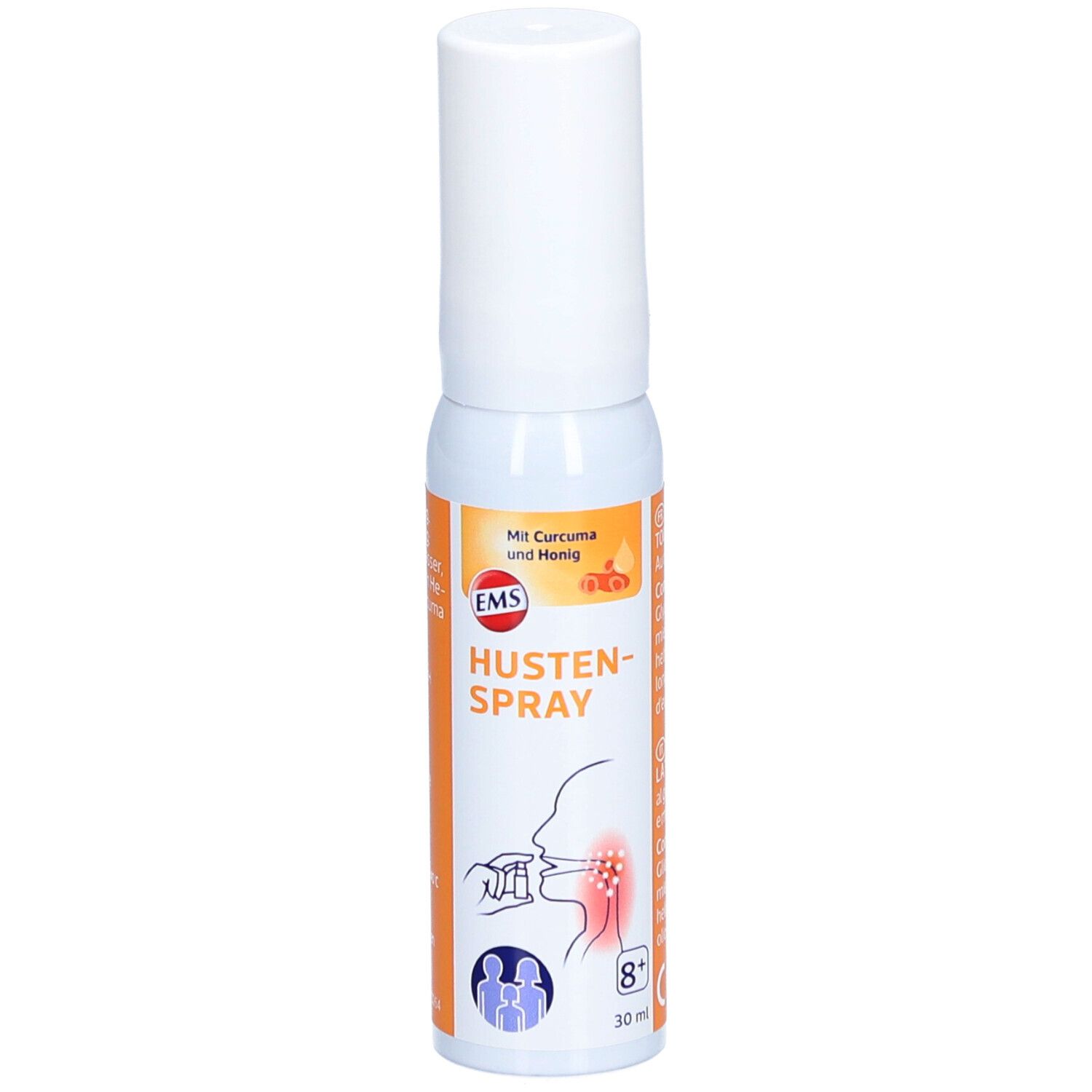 Hoestspray, witte fles met oranje etiket. Bevat kurkuma en honing. Illustratie van gebruik.