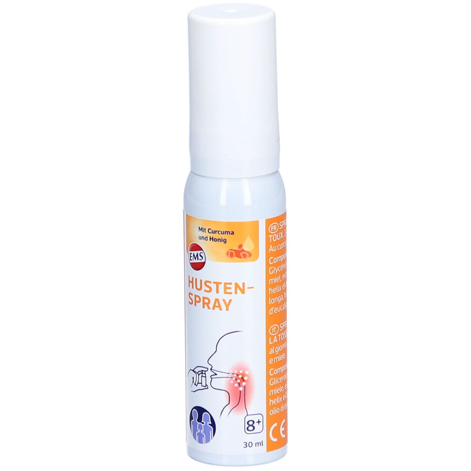 Hoestspray, witte fles met oranje etiket. Bevat kurkuma en honing. Illustratie van gebruik.