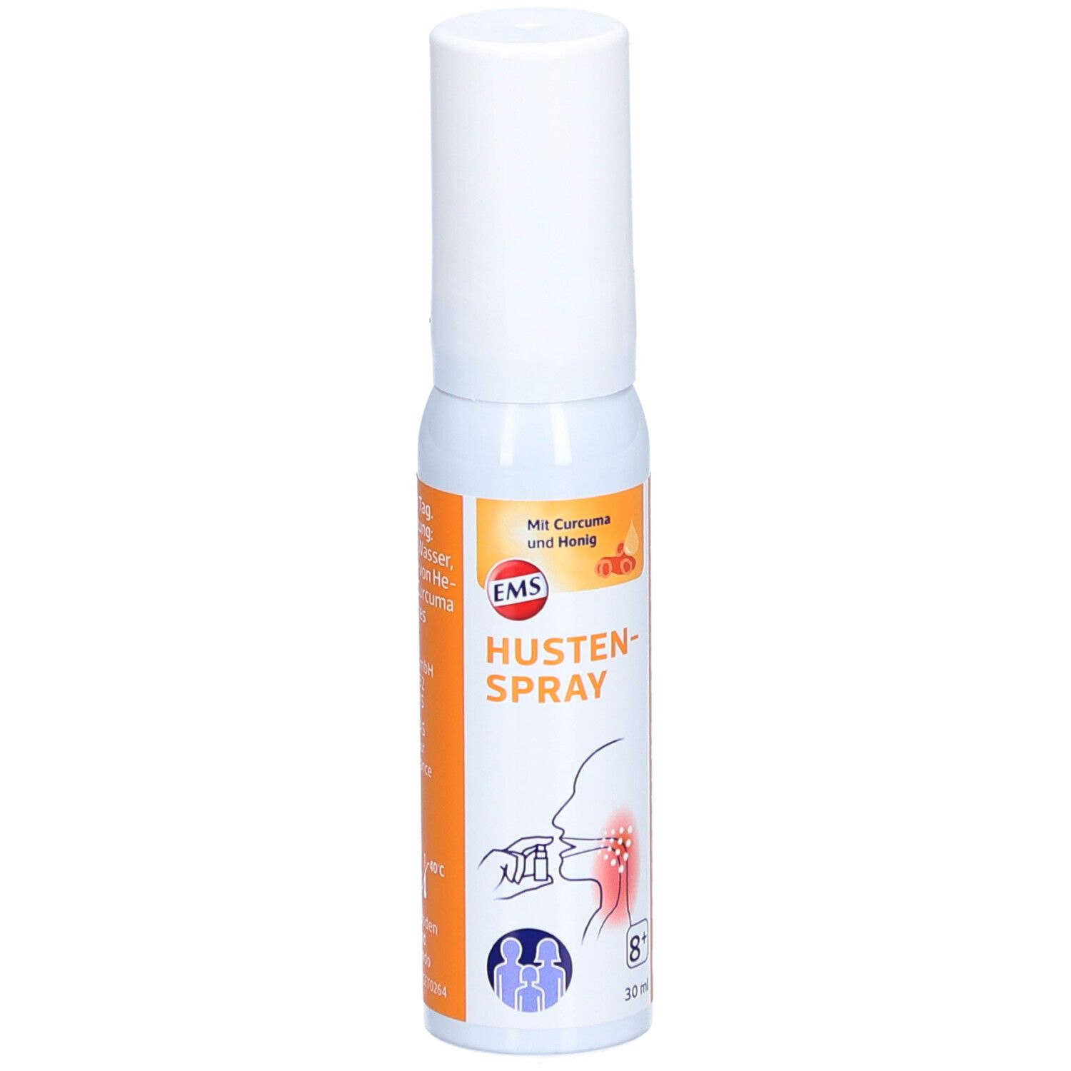 Hoestspray, witte fles met oranje etiket. Bevat kurkuma en honing. Illustratie van gebruik.