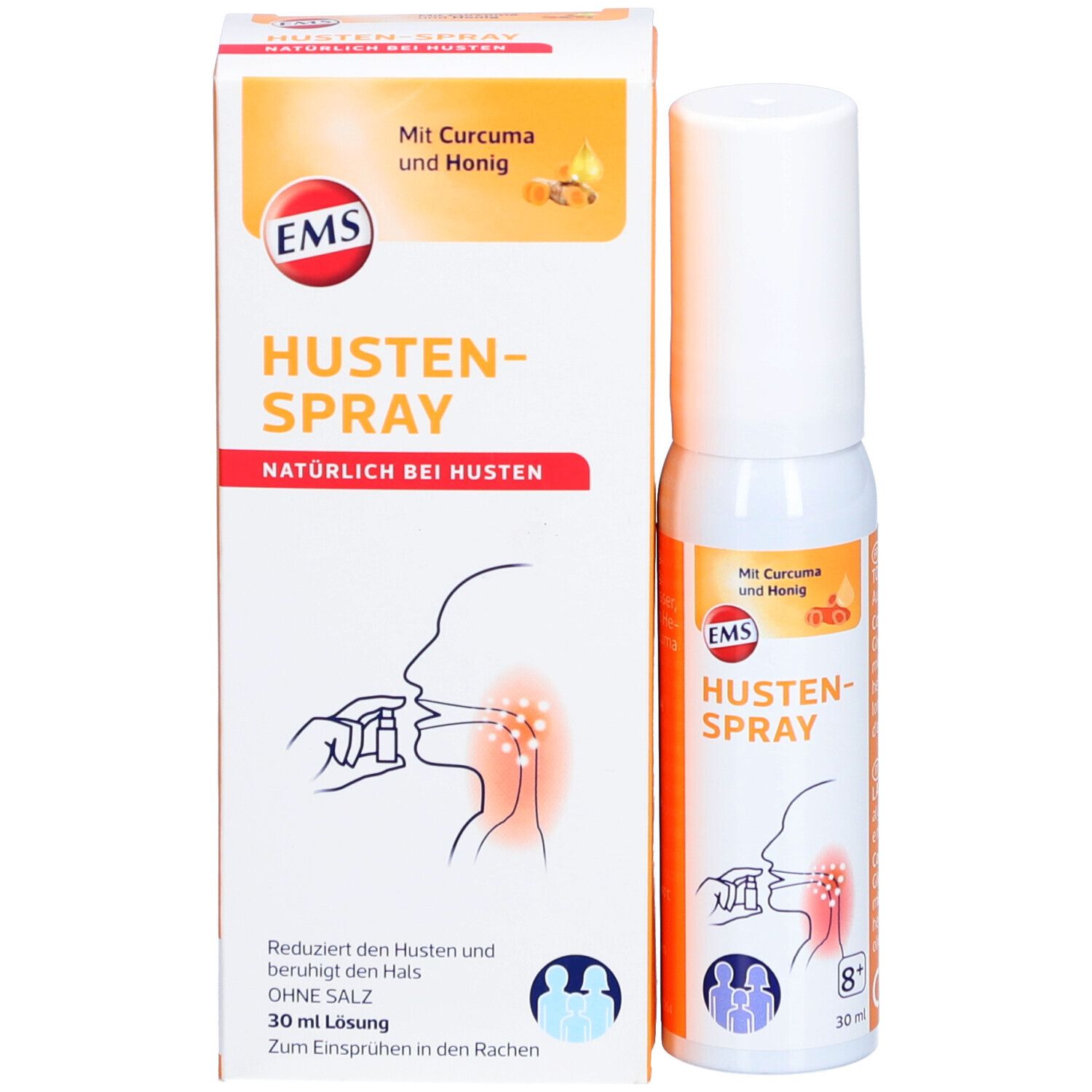 Hoestspray en verpakking. Witte fles met oranje etiket. Bevat kurkuma en honing. Tekst op de verpakking.