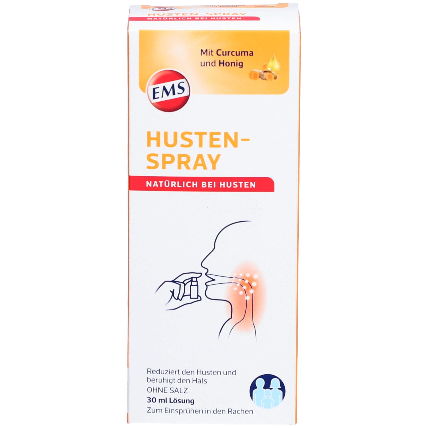 Verpakking van de hoestspray. Bevat tekst en illustraties. Oranje en wit.