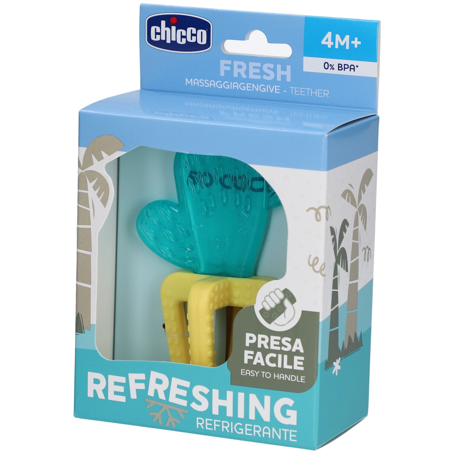 Blauwe en gele bijtring in verpakking. Tekst: Chicco, Fresh, 4M+, Refreshing, Presa Facile.