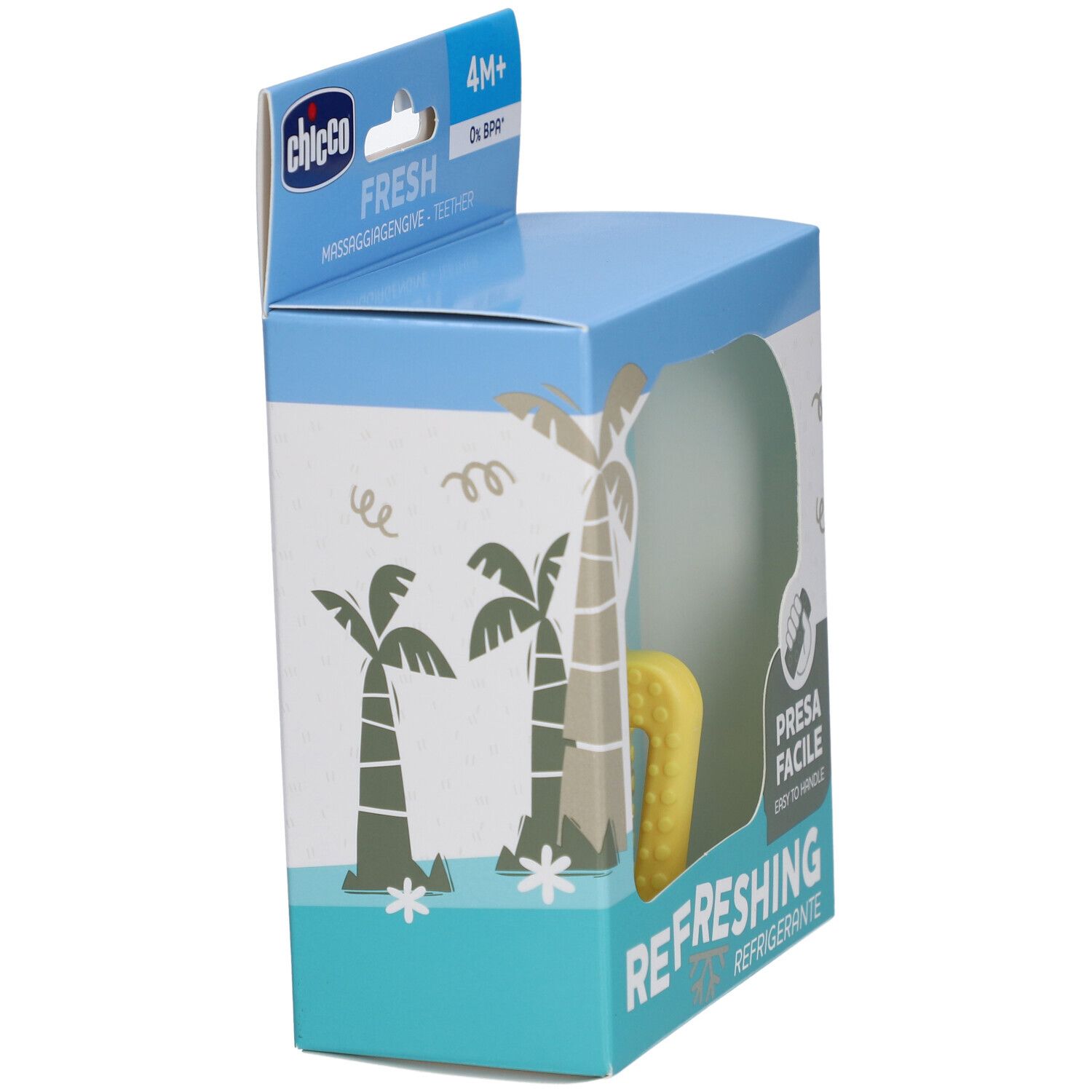 Verpakking met bijtring. Zijkant met palmbomenmotief. Tekst: Fresh, Presa Facile, Refreshing.