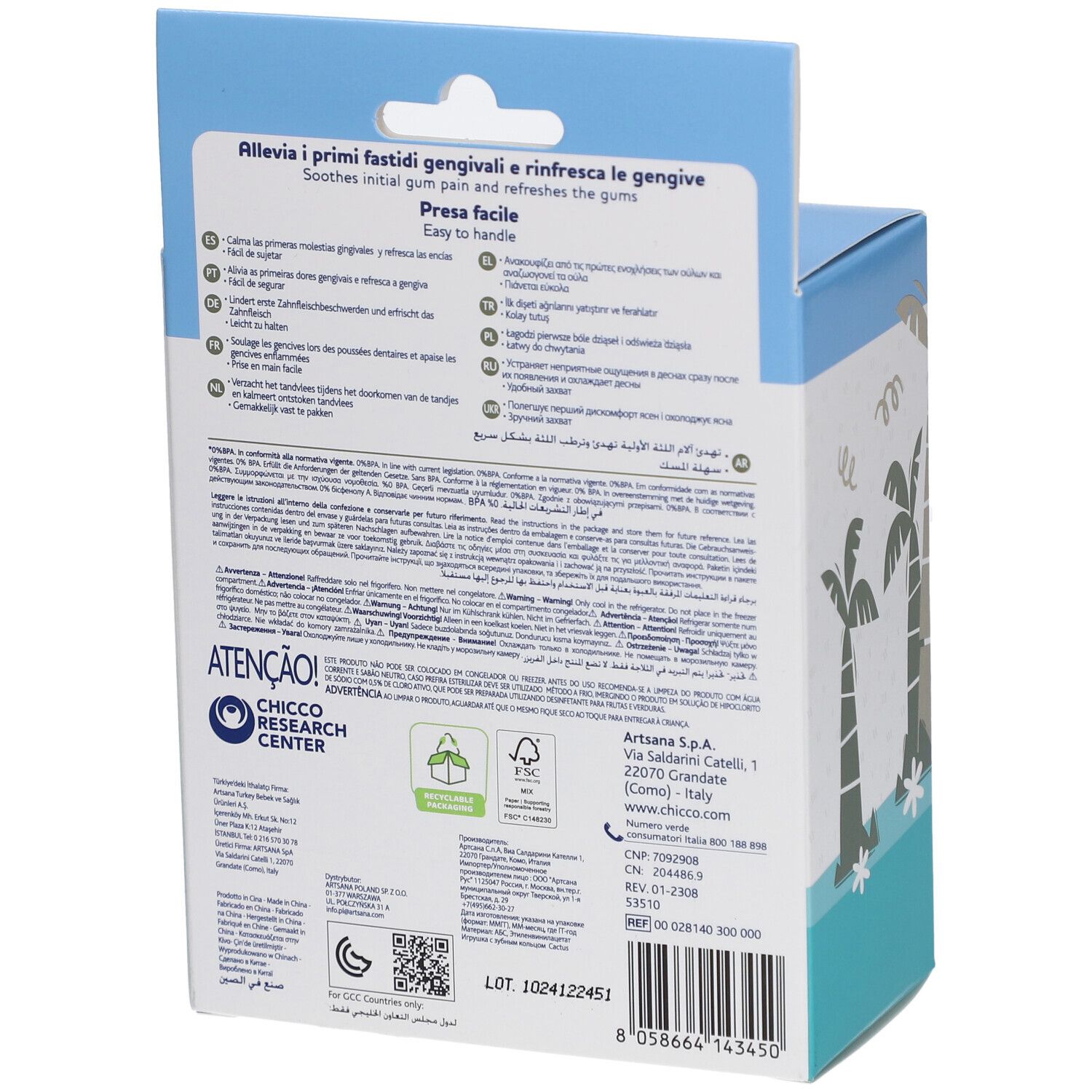 Achterkant van de verpakking. Tekst: Chicco Research Center, informatie, pictogrammen.