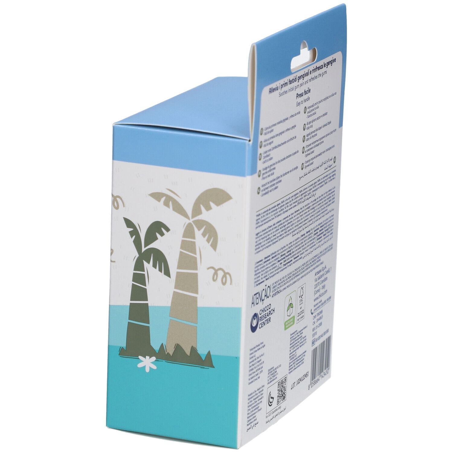 Verpakking, zijaanzicht. Tekst: Chicco, Presa Facile, palmbomenmotief.